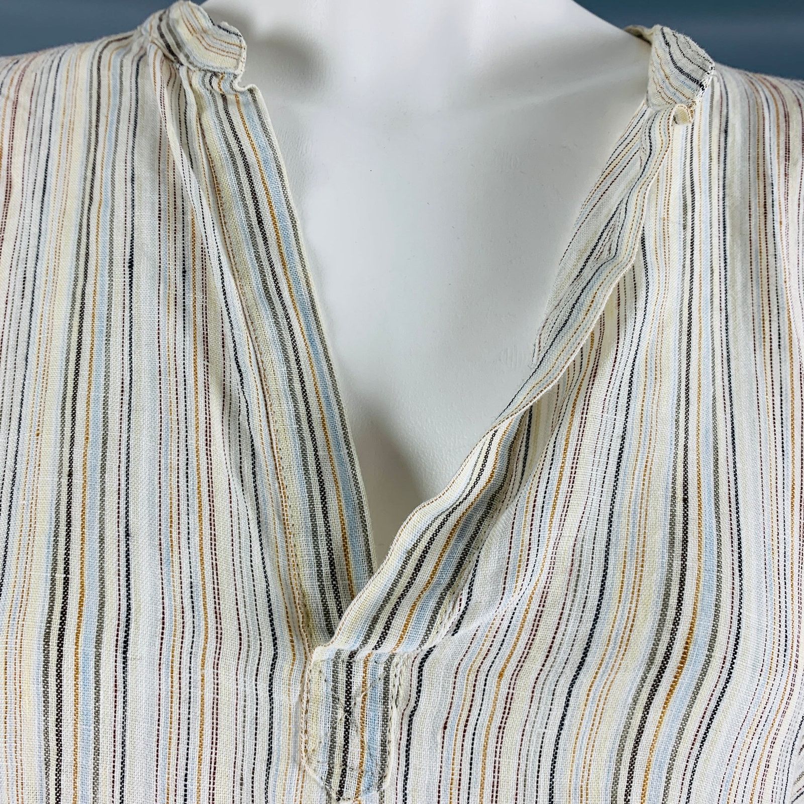 eskandar ESKANDAR 0 White Blue Linen Stripe Long placket Casual Top Size XS / US 0-2 / IT 36-38 - 2 Thumbnail