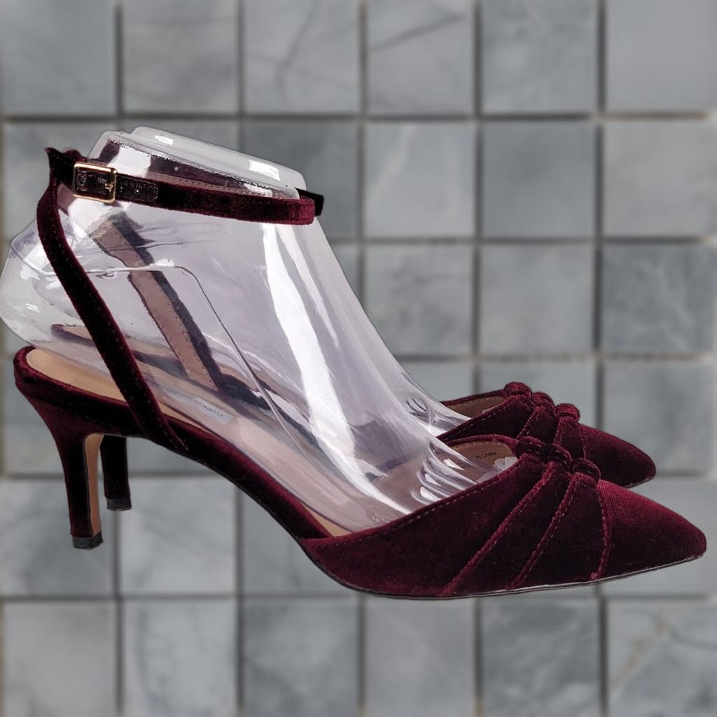 Vintage VINTAGE INC Burgundy Wine Strap Heels With Gold Metal Detail Cocktail 1970s Velvet Size 8M Womens Size US 8 / IT 38 - 1 Thumbnail