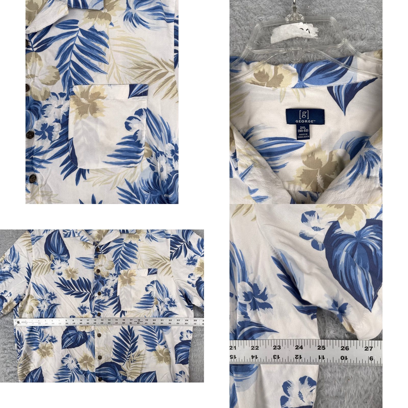 George George Shirt Men 2XL White Blue Floral Hibiscus Button-Up Rayon Hawaiian, Button-Up, Short Sleeve, Regular, George, Floral, Hawaiian, Mens Size US XXL / EU 58 / 5 - 8 Thumbnail