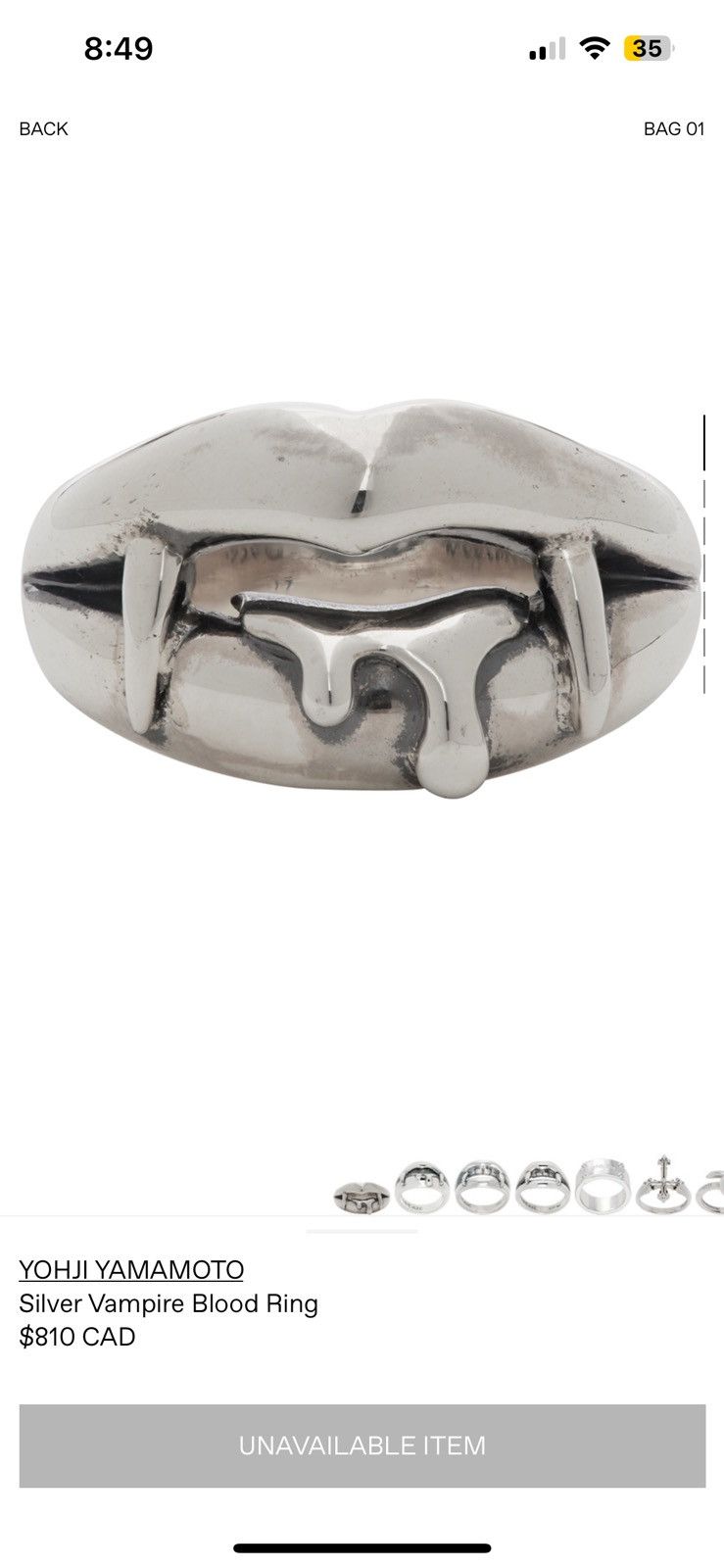 Yohji Yamamoto Vampire Ring RARE Variation Size ONE SIZE - 7 Thumbnail