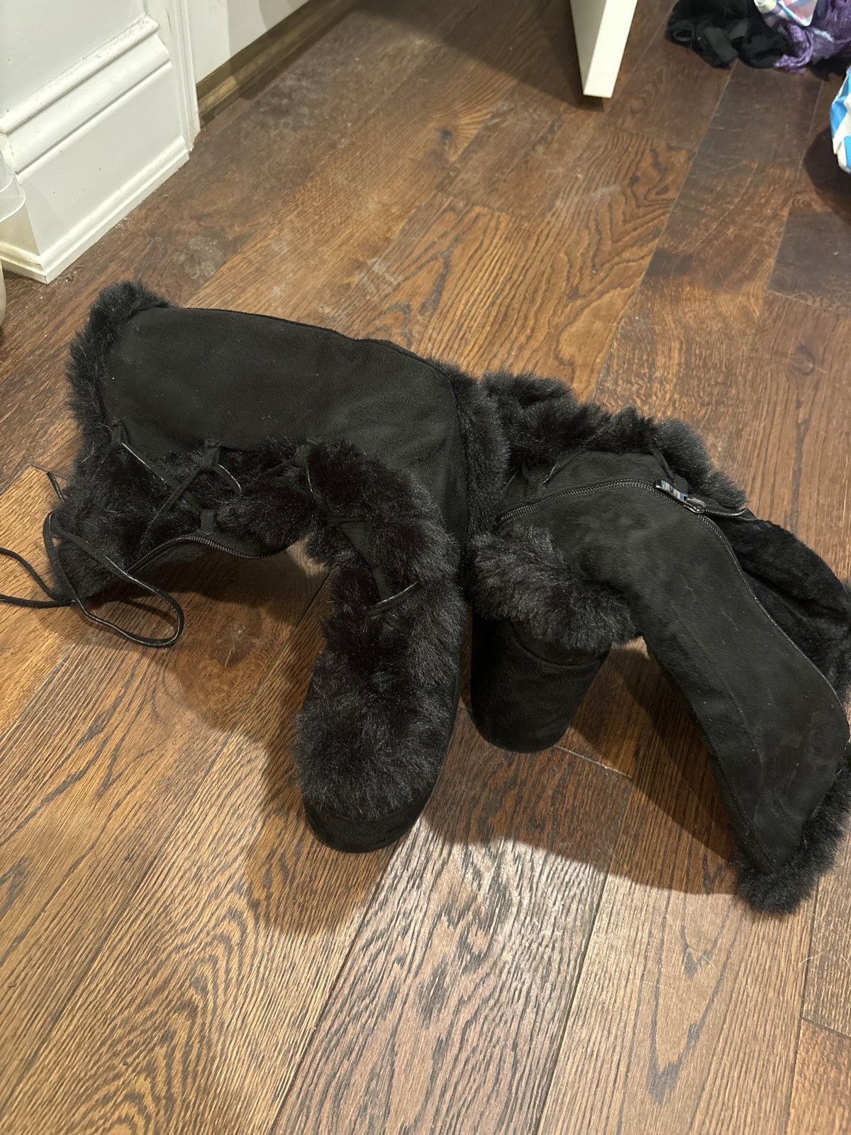 Dolls Kill Black Chunky Platform Fur Heel Boots Y2K Size US 7 / IT 37 - 2 Thumbnail