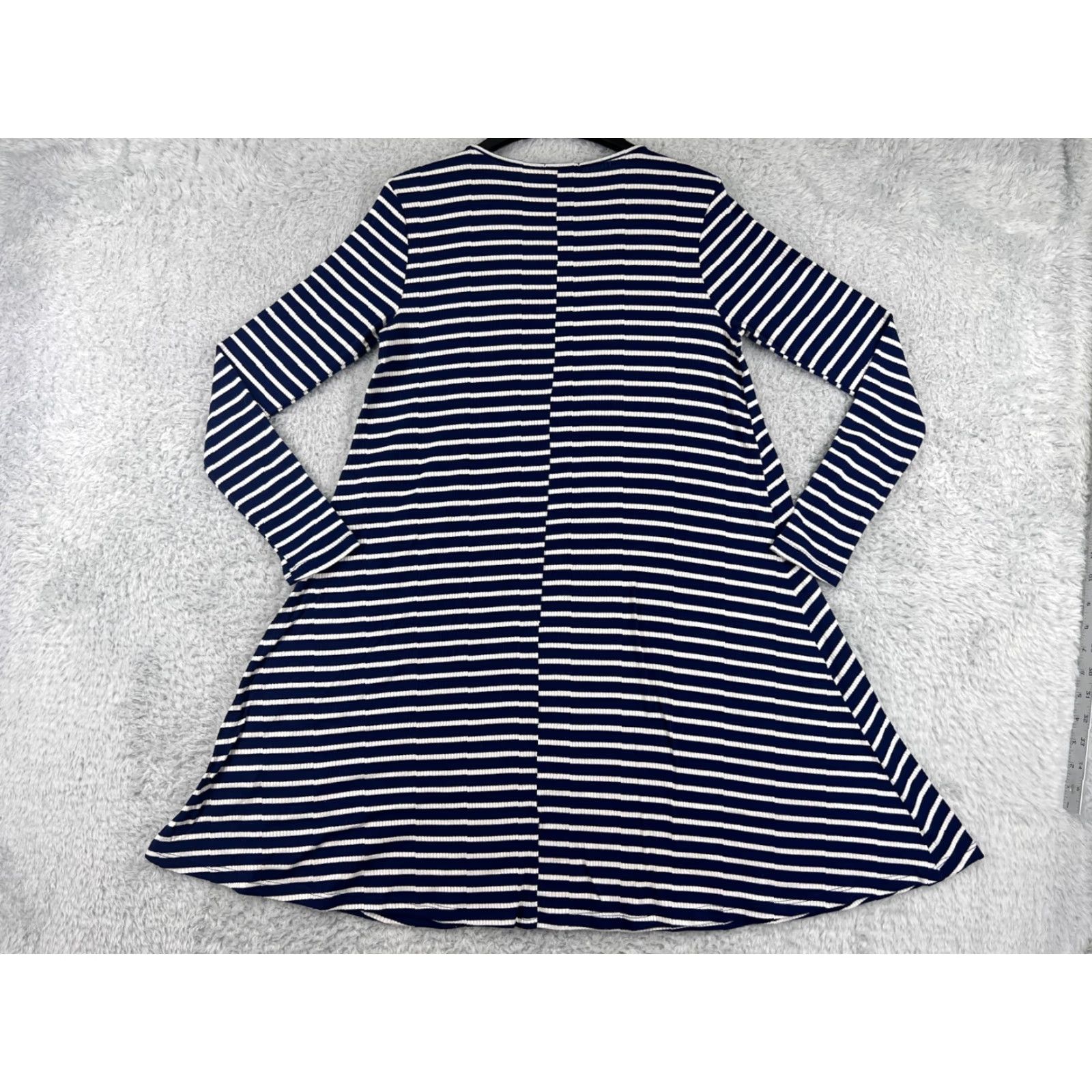 Vintage LA made Dress Womens M Blue White Striped Long Sleeve Round Neck Pullover Knit Polyester Mini Vintage No Size M / US 6-8 / IT 42-44 - 2 Thumbnail
