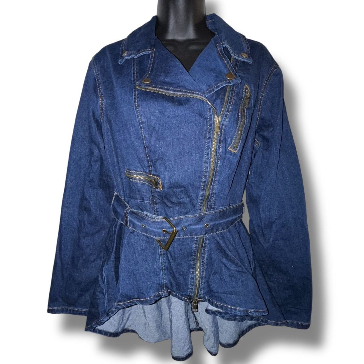 Venus Venus dark wash high low flounce hem denim biker jacket Size M / US 6-8 / IT 42-44 - 1 Thumbnail