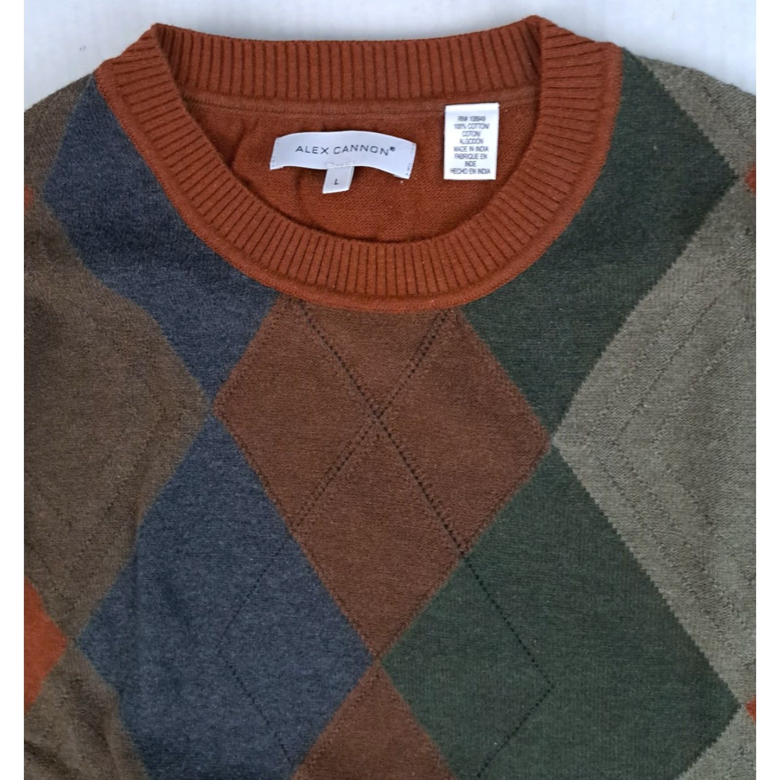 Vintage VINTAGE Argyle Brown Mens Cotton Knit Sweater Large Crew Neck Pullover Winter Casual Sweater Alex Cannon Mens Size L Brown Cotton Knit Vintage Size US L / EU 52-54 / 3 - 2 Thumbnail