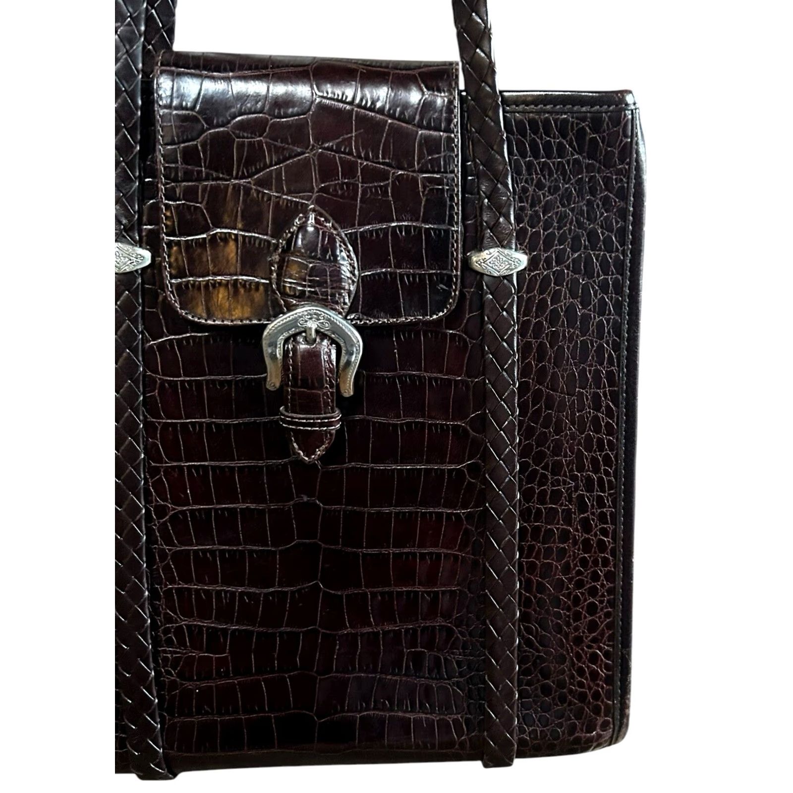Brighton Brighton Shoulder Bag Womens Brown Leather Croc Embossed Trim 90s Designer Purse Size ONE SIZE - 4 Thumbnail