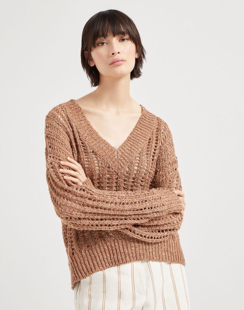 Brunello Cucinelli o1la1rc1a0326 Dazzling Openwork Rib Sweater in Brown Size L / US 10 / IT 46 - 1 Thumbnail