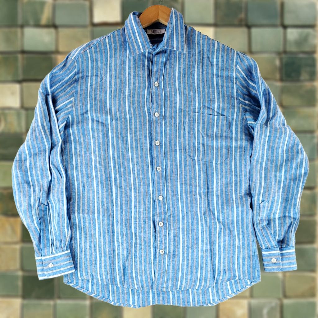 Vintage Idillio Button Up Shirt 100% Linen Blue White Gray Striped Long Sleeve Mens XL Size US XL / EU 56 / 4 - 1 Thumbnail