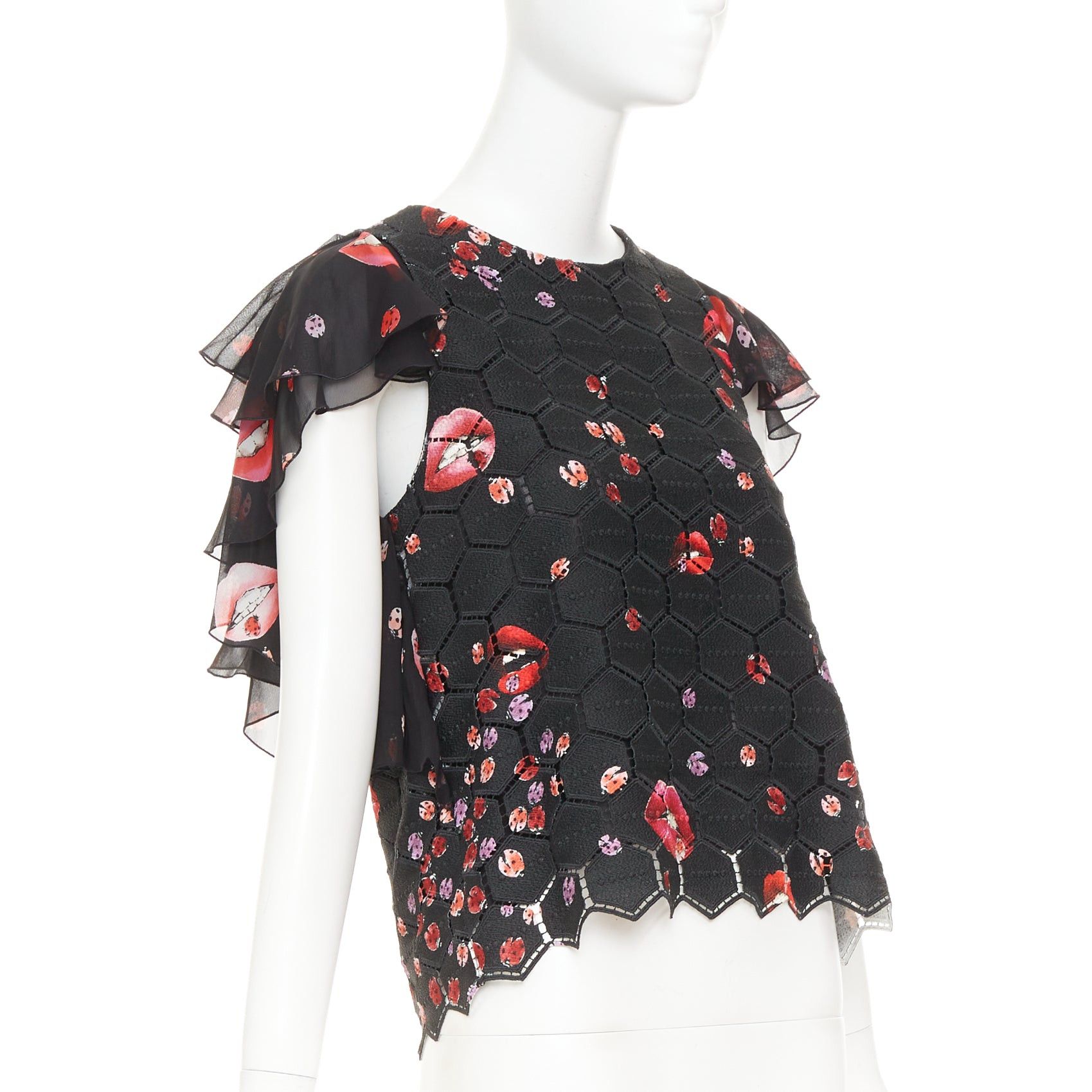Giambattista Valli GIAMBA GIAMBATTISTA VALLI black red lady bugs lip embroidered scalloped flutter sleeve top IT40 XS Size S / US 4 / IT 40 - 1 Thumbnail