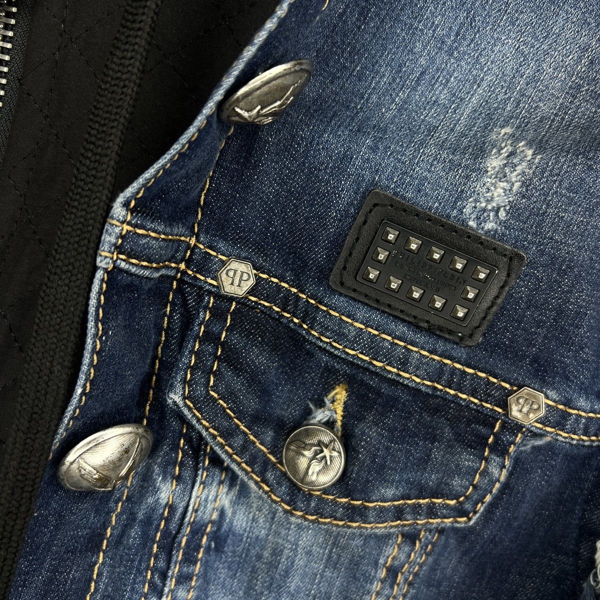 Designer × Philipp Plein Philipp Plein Denim Blue Black Quilted Zip Jacket Y2K RARE Size L / US 10 / IT 46 - 7 Thumbnail