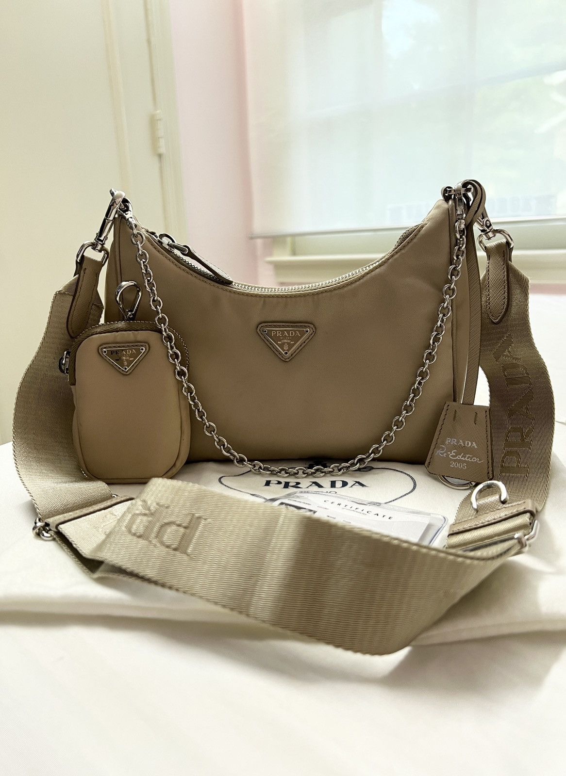 Prada Reedition Re-edition 2005 Nylon Tan Shoulder Bag Purse