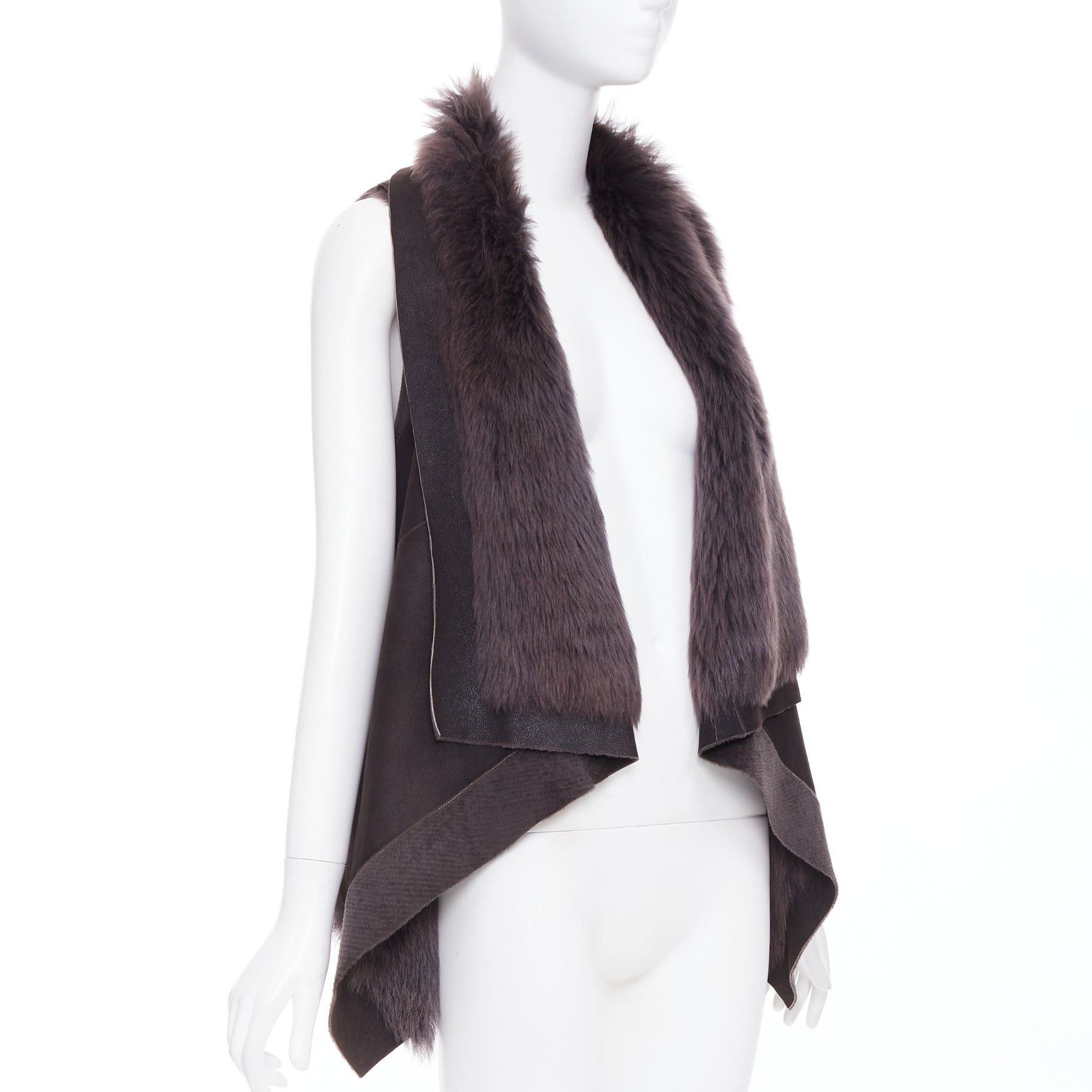 Karl Donoghue KARL DONOGHUE dark brown lambskin leather fur lined draped vest jacket XS Size S / US 4 / IT 40 - 1 Thumbnail