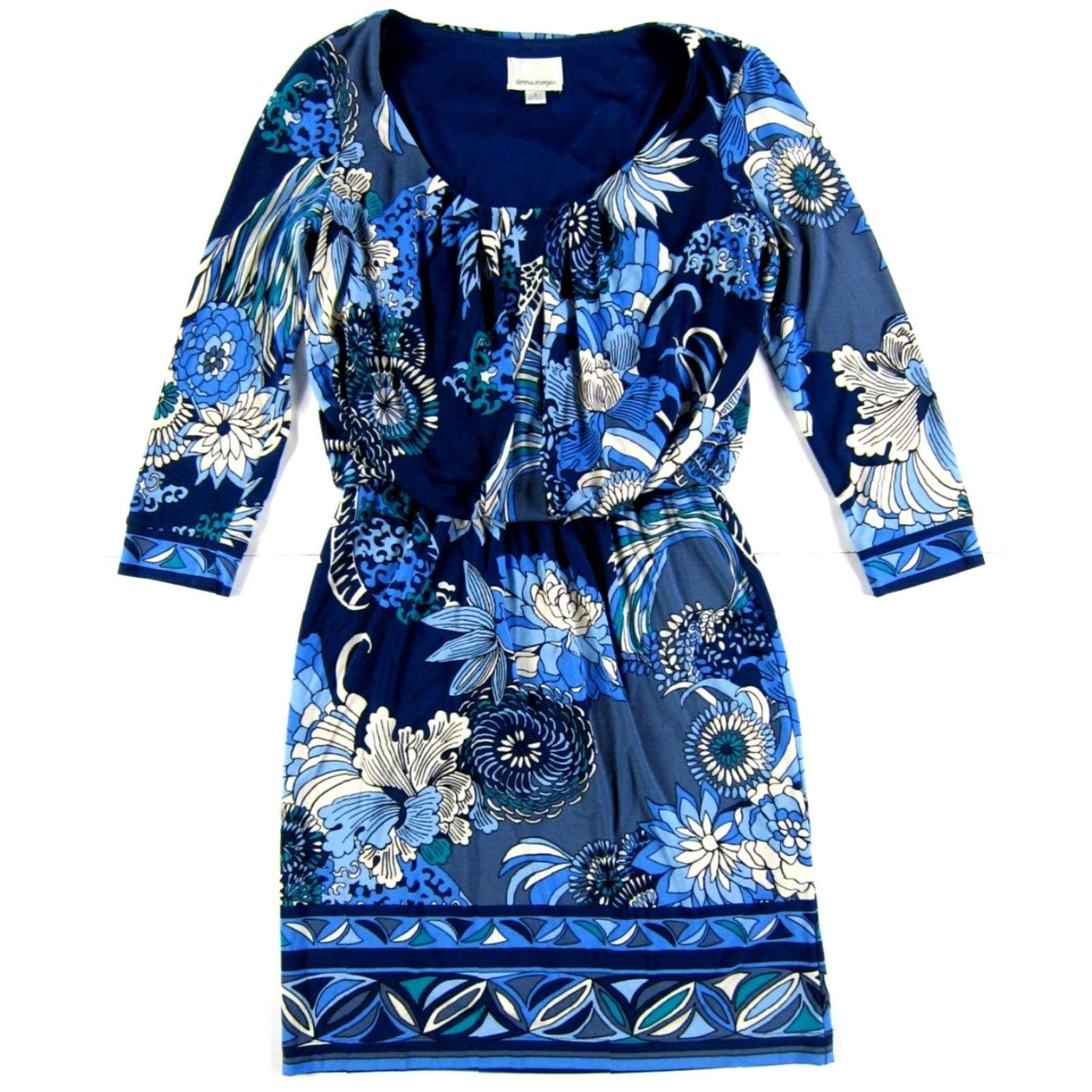 Donna Morgan Blue White Floral Stretch 3/4 Sleeve Round Neck Sheath Dress  Size 2