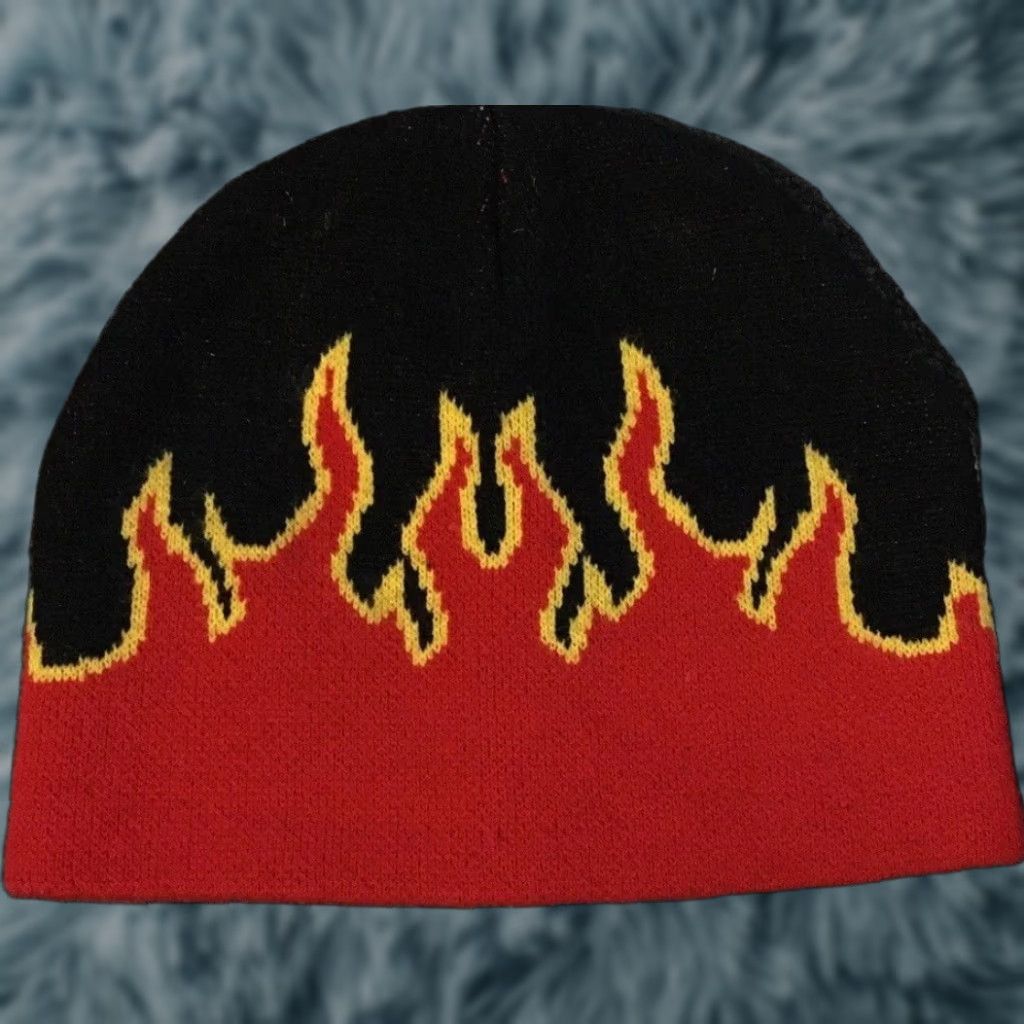 JNCO Vtg Fire Flames All Over Print Beanie Men One Size Red 90s Grunge Skate Punk Emo Goth biker Harley Cky Bam Margera Skul? (Note: question marks) Size ONE SIZE - 1 Thumbnail