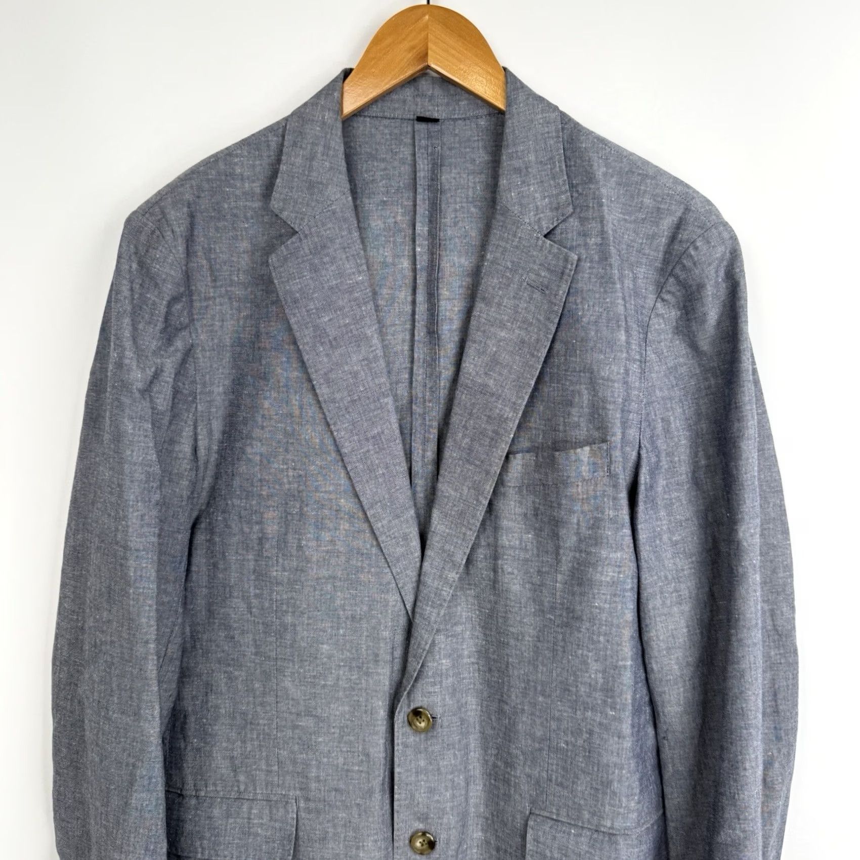 J.Crew J.CREW Blazer Mens 40L Blue Linen Cotton Slim Fit Single-Breasted Notch Lapel 2-Button Long Woolless Tweed Jacket Front Flat Front Chest 40 in Size 40R - 2 Thumbnail