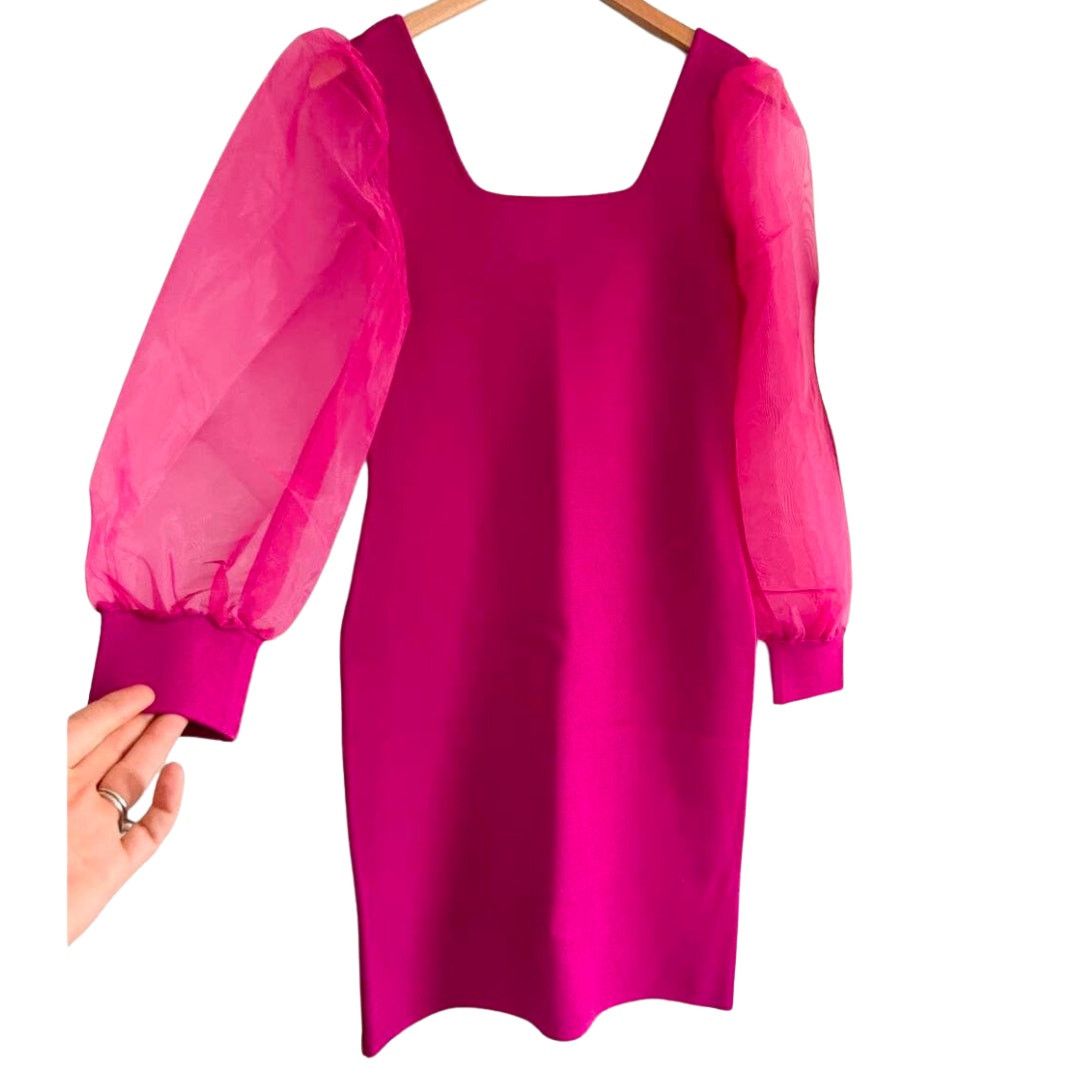 image of House Of Harlow 1960 Pink Sheer Puff Sleeve Dress L New Tags, Women's (Size Large)