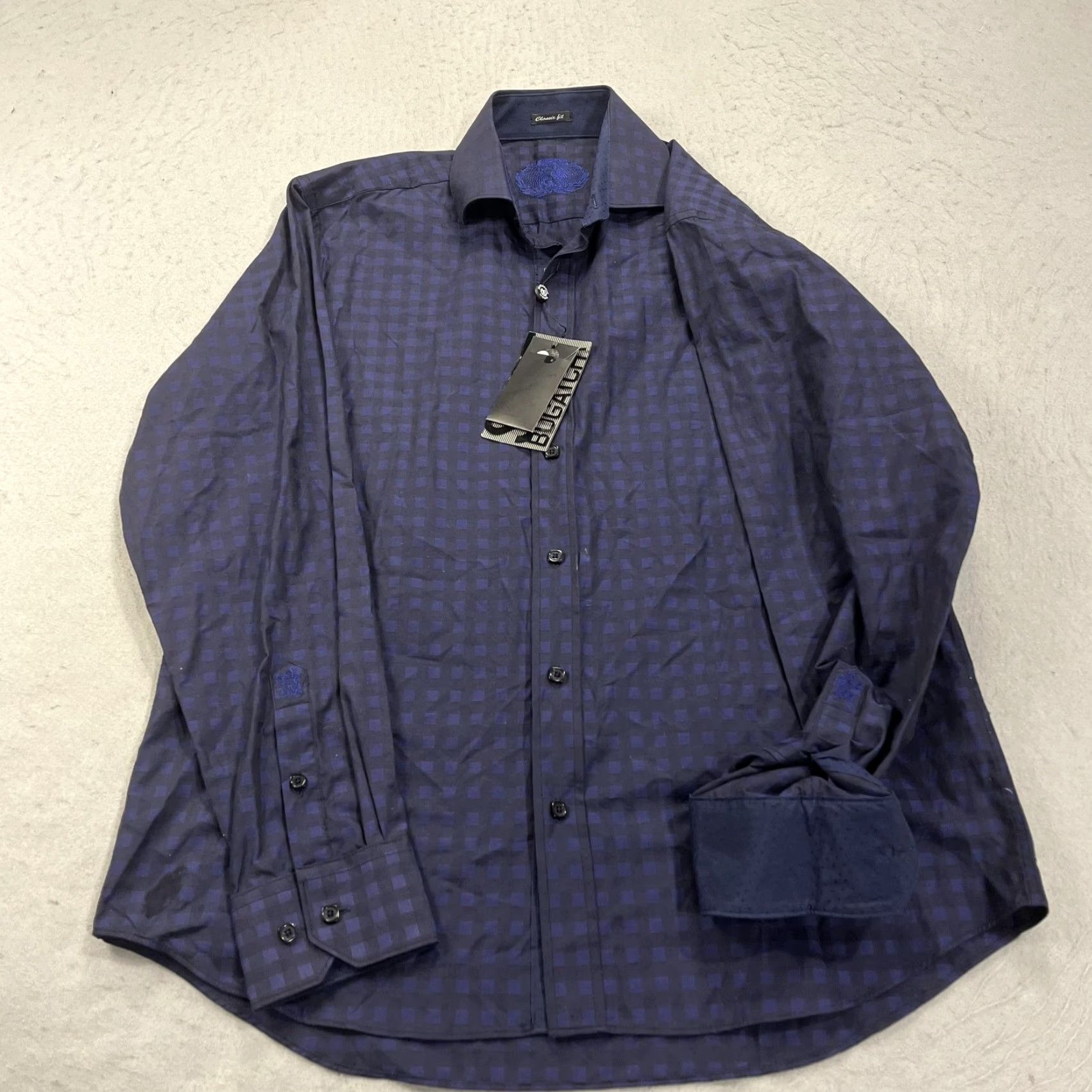 BUGATCHI Bugatchi Shirt Mens Medium Blue Check Classic Fit 100% Cotton Flip Cuff Contrast Size US M / EU 48-50 / 2 - 2 Thumbnail