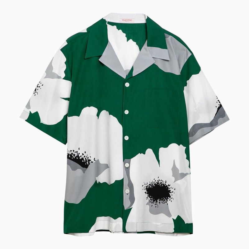 image of Valentino Emerald Green/grey Cotton Flower Portrait Shirt, Men's (Size Large)