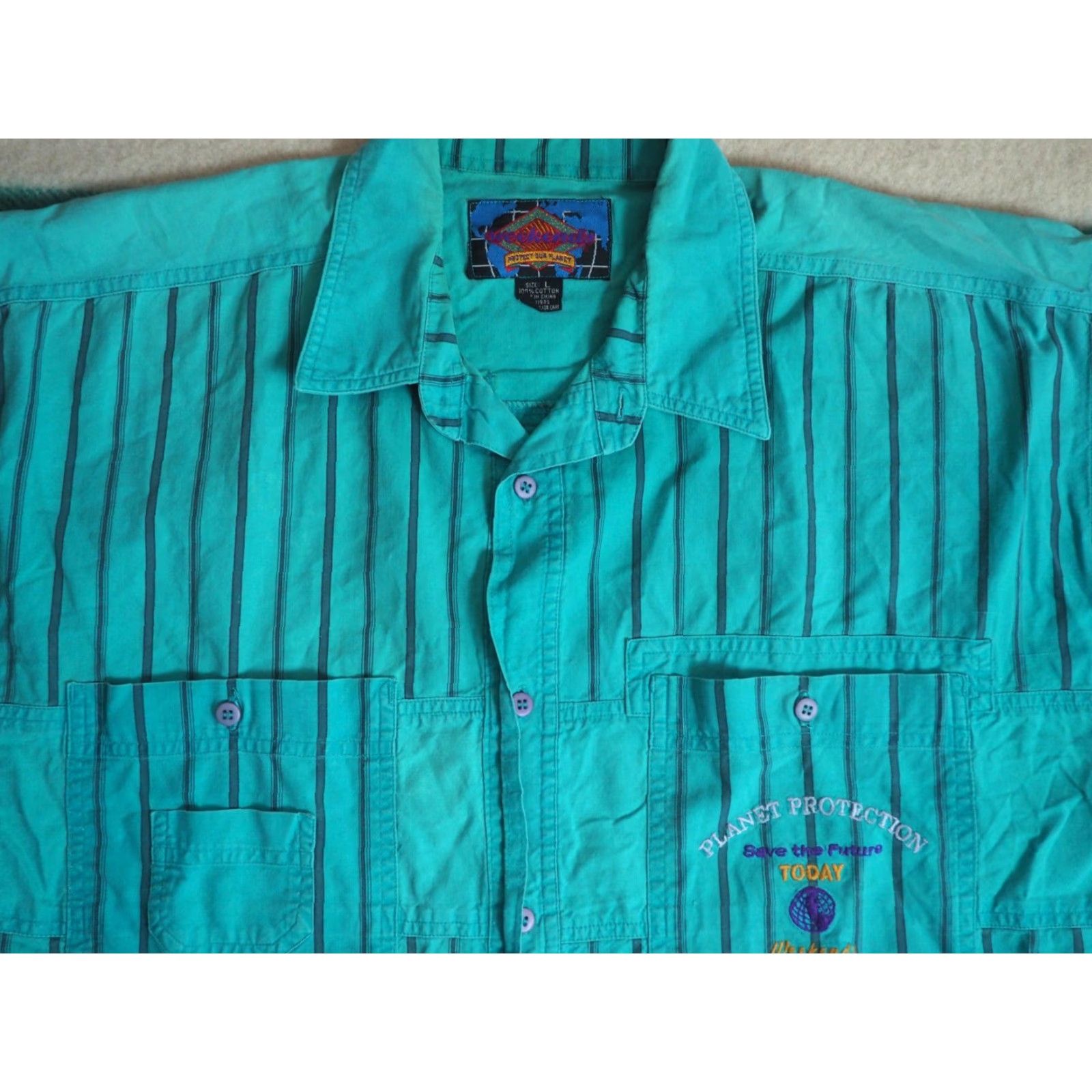 Vintage VTG 90s Weekends Eco Activism Protest Earth Faded Blue Striped Button Shirt L Size US L / EU 52-54 / 3 - 2 Thumbnail