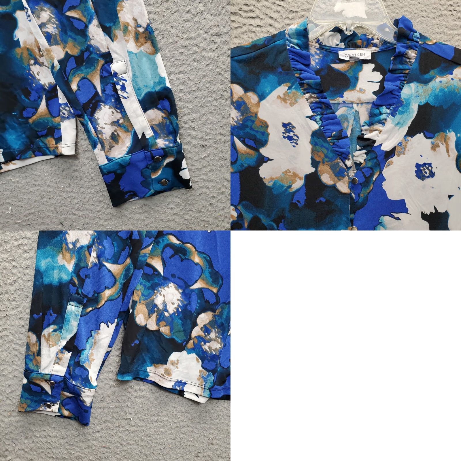 Calvin Klein Calvin Klein Blouse Top Womens L Blue Floral Stretch Ruffle V-Neck Button Front Size L / US 10 / IT 46 - 8 Thumbnail