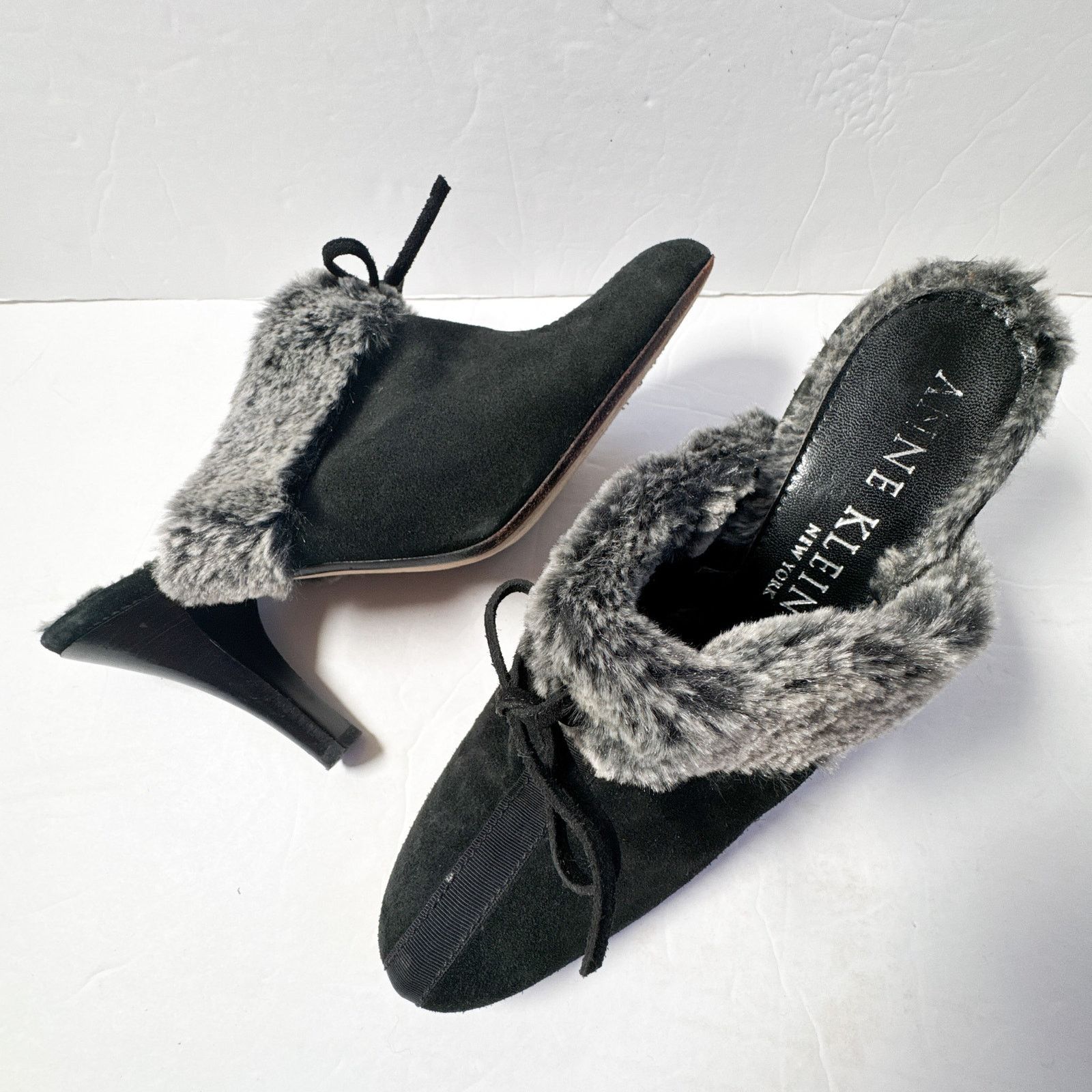 Vintage Anne Klein NY Black Suede Faux Fur Mule Heels Italy