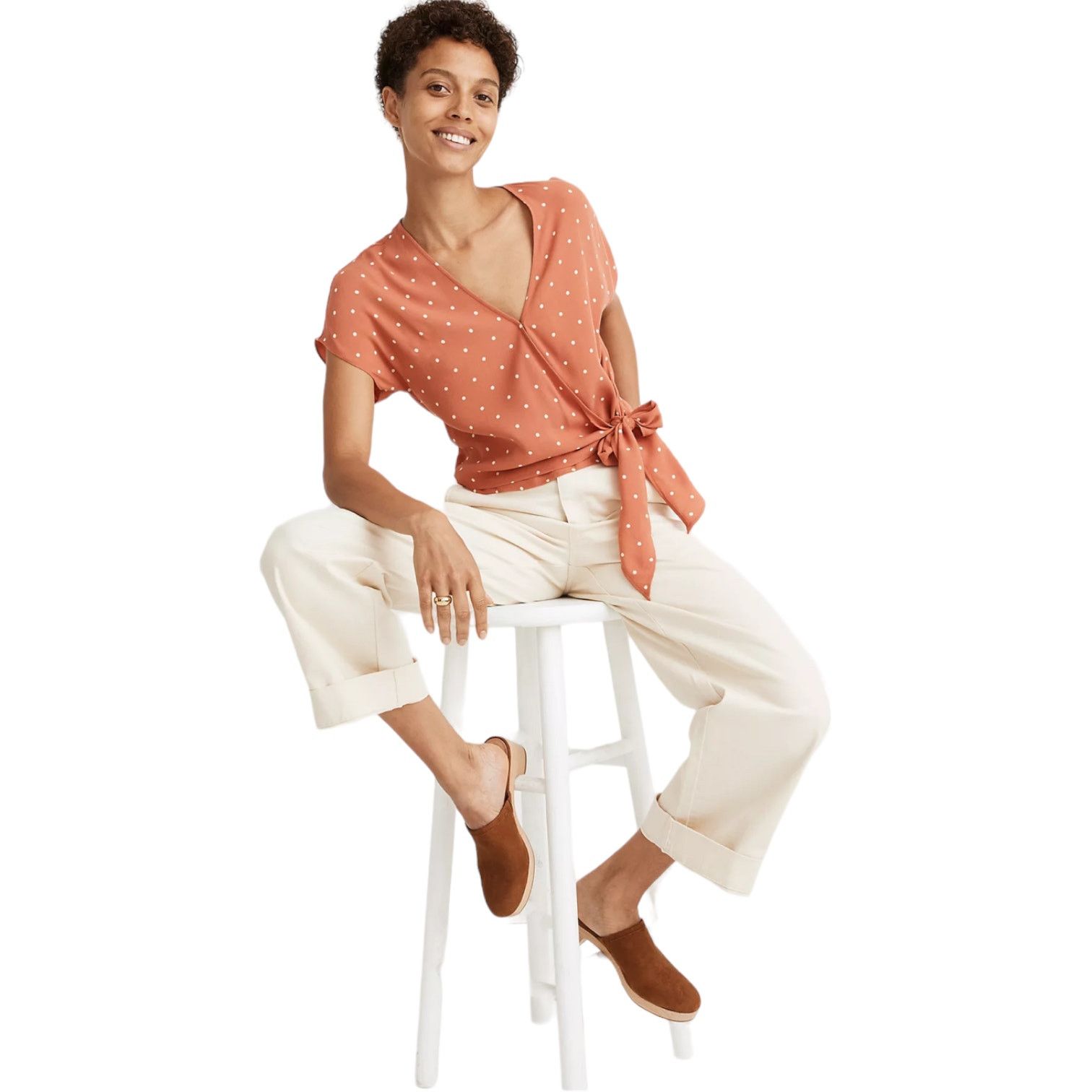 Madewell Madewell Women's XS Peach Sash-Tie Wrap Top in Polka Dot Size XS / US 0-2 / IT 36-38 - 1 Thumbnail