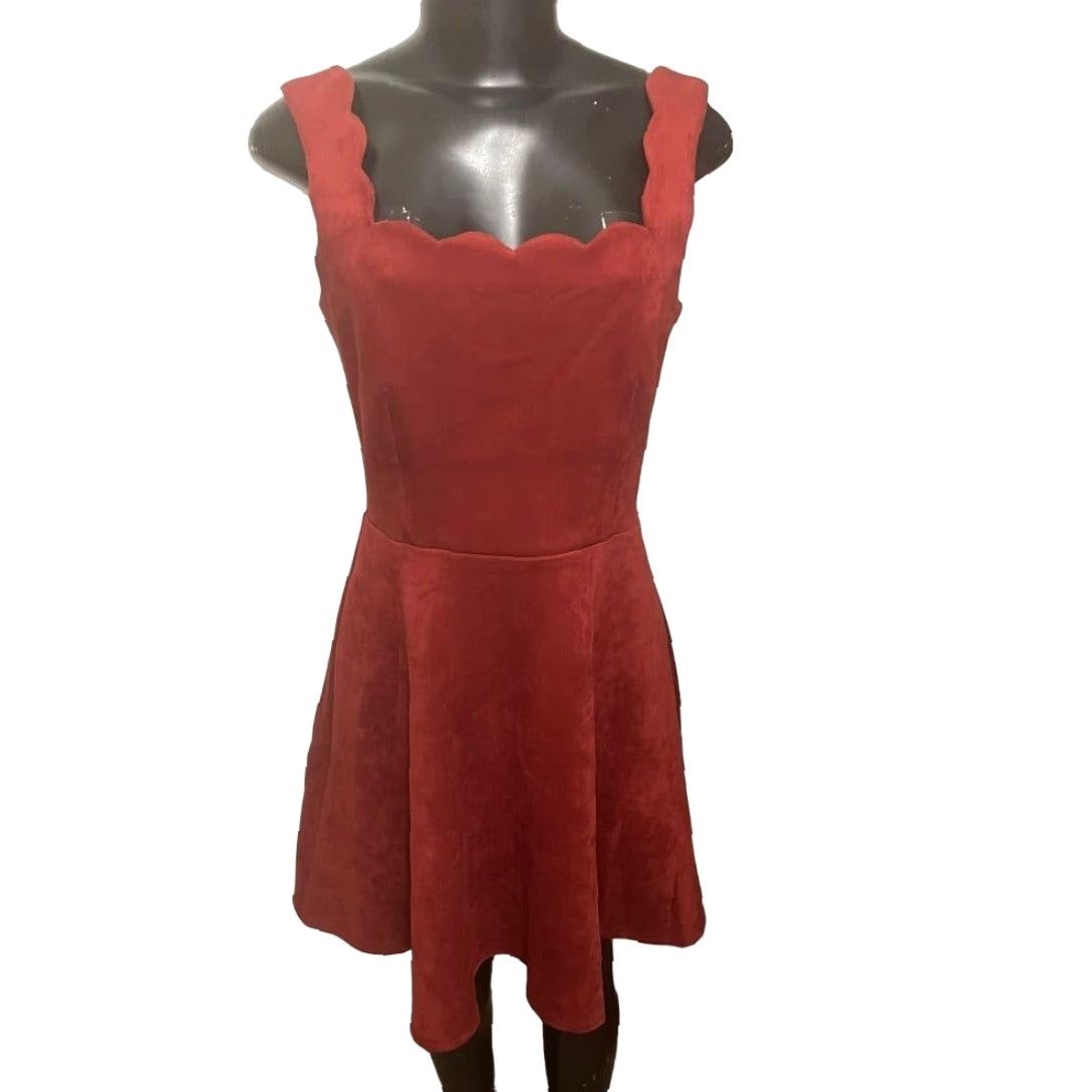 Vintage Alythea Fit & Flare Sleeveless Dress Scalloped Faux Suede Stretch Orange S Womens Small Size S / US 4 / IT 40 - 2 Thumbnail