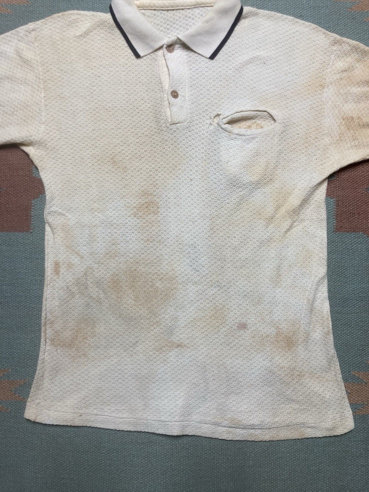 Vintage 1960s polo shirt jacquard waffle knit stained cotton medium Size US M / EU 48-50 / 2 - 2 Thumbnail
