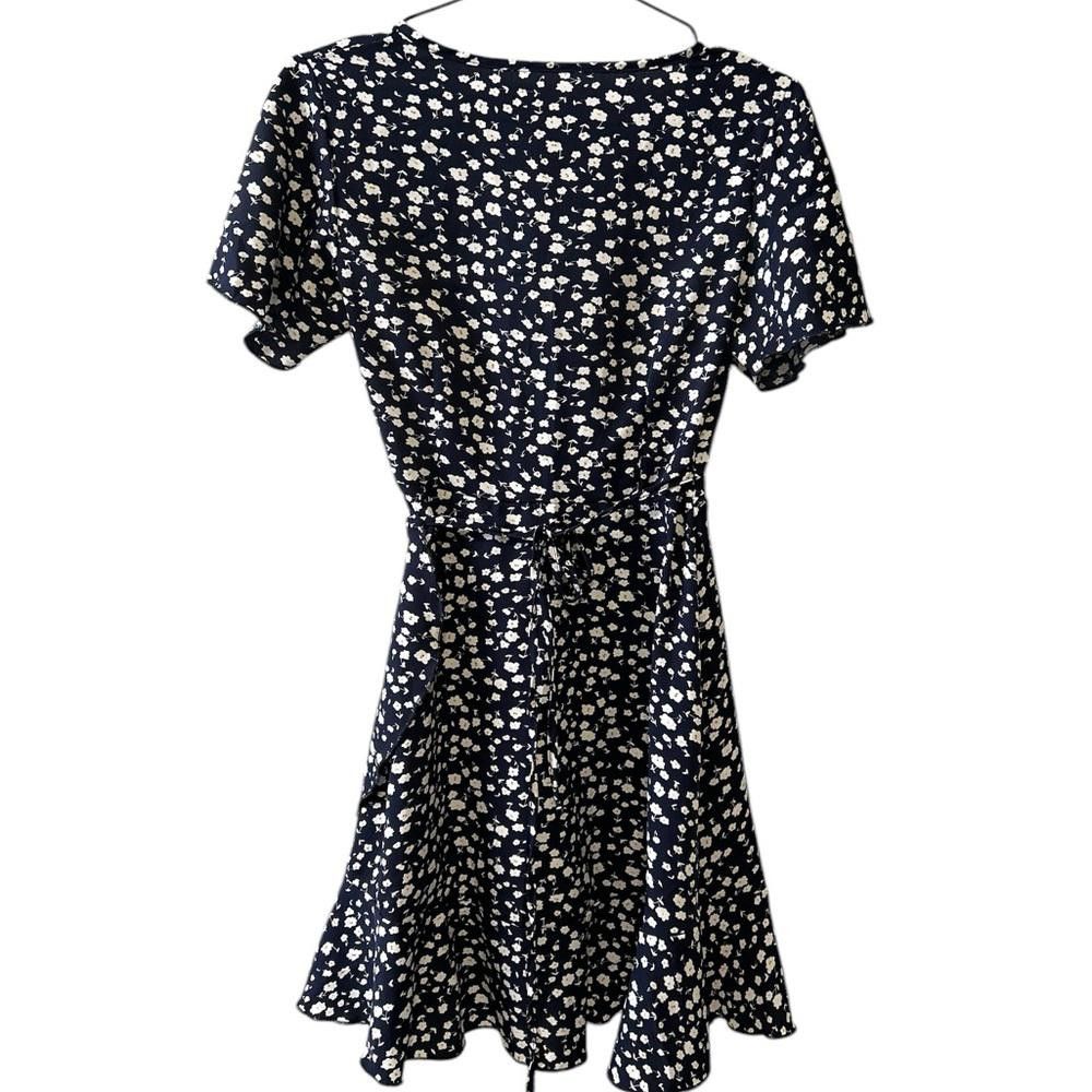 Designer Navy Blue Floral Wrap Mini Dress Size S / US 4 / IT 40 - 3 Thumbnail
