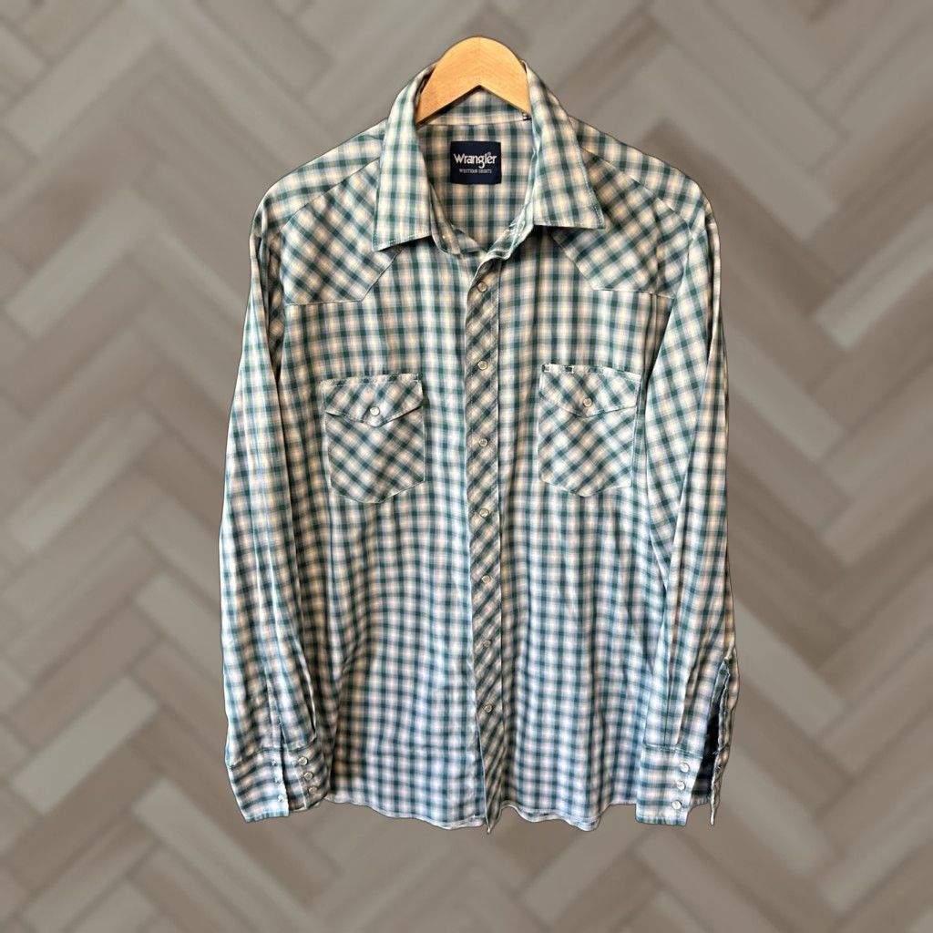 Wrangler VINTAGE Wrangler Mens Green Checkered Long Sleeve Snap Up Western Shirt XL Tall Size US XL / EU 56 / 4 - 1 Thumbnail