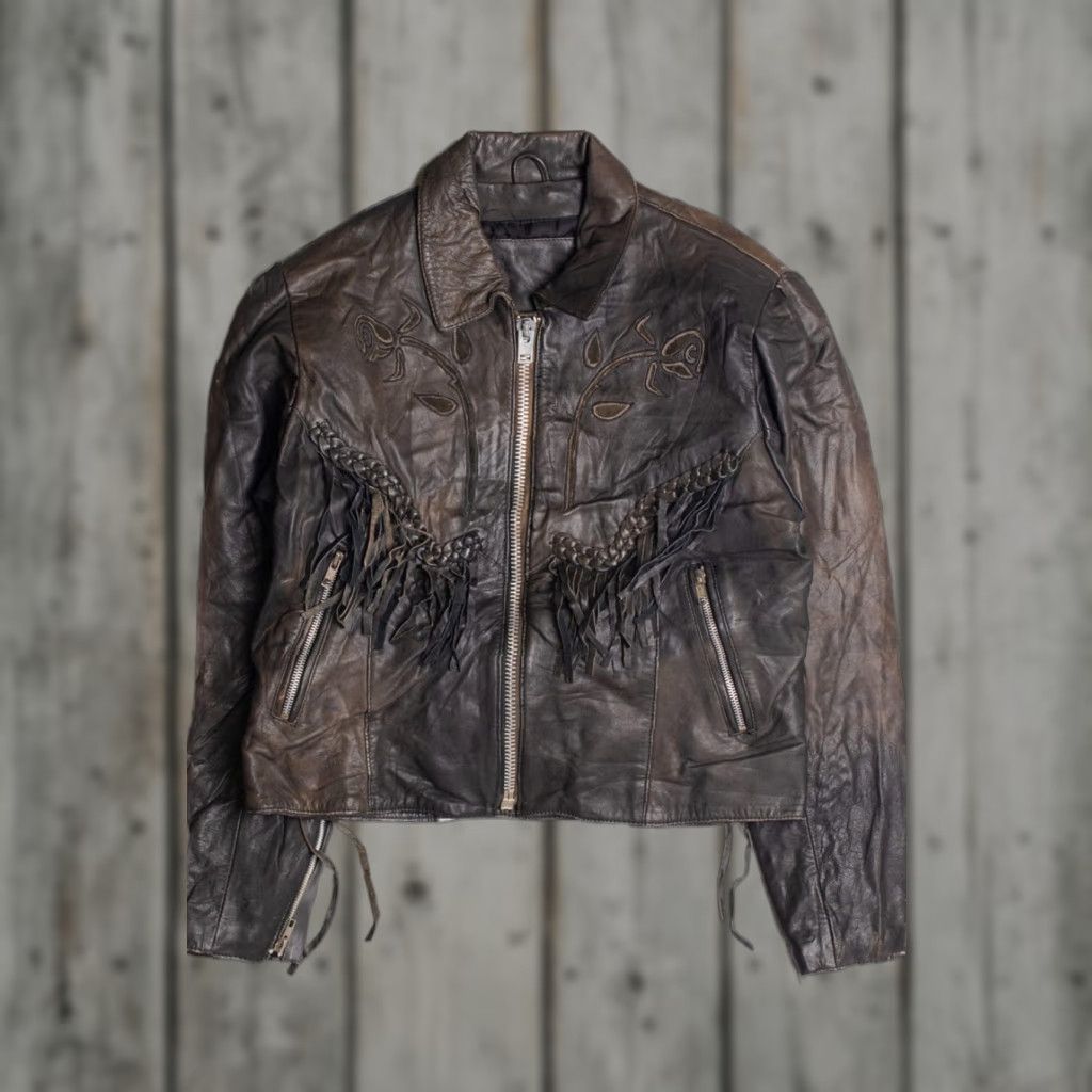 Vintage VINTAGE Dark Brown Leather Motorcycle Jacket Fringe Large Size US L / EU 52-54 / 3 - 1 Thumbnail
