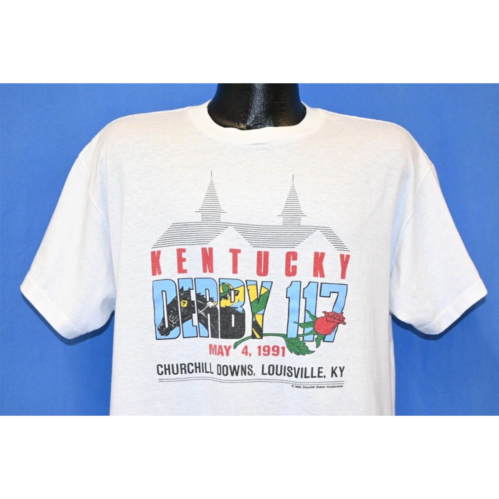 image of Vintage 90's Kentucky Derby 1991 Churchill Downs Louisville Horse Race T-Shirt XL in White, Men's