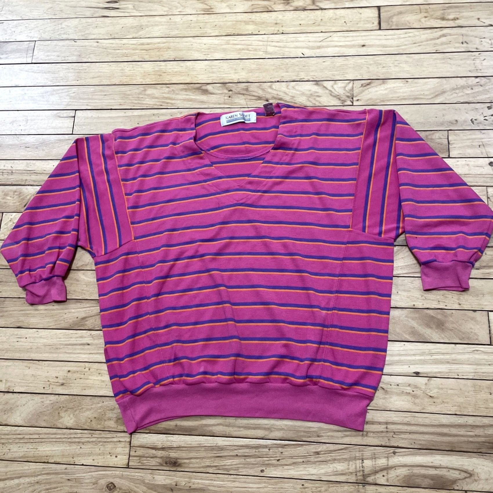 Vintage VINTAGE Karen Scott Sweater Women L 90s Streetwear Pink Orange Striped V Knit Dolman Sleeve Slim Fit Casual Womens Size L / US 10 / IT 46 - 2 Thumbnail