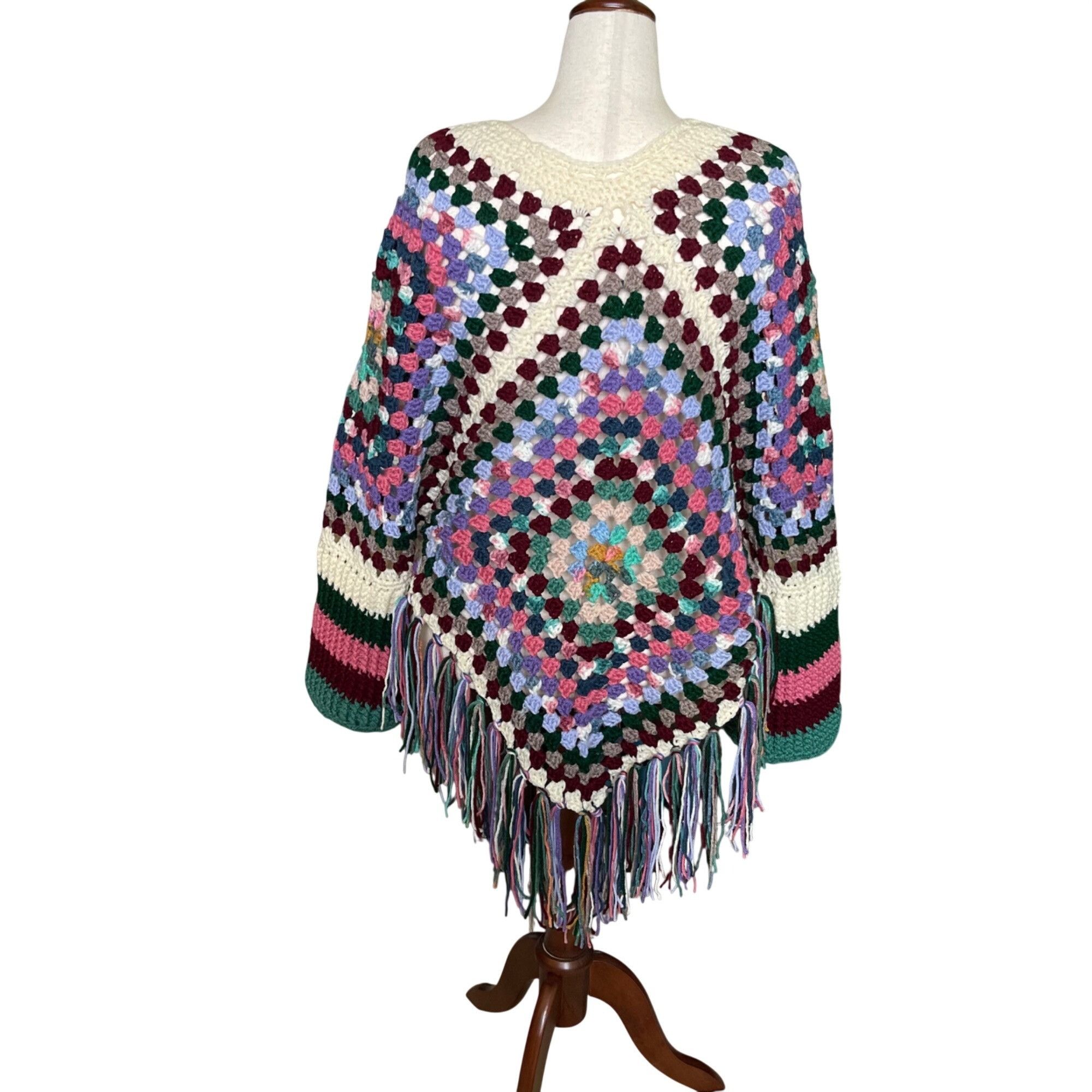 Handmade Crochet Poncho with Sleeves Granny Square Design Pattern Col Size ONE SIZE - 4 Thumbnail