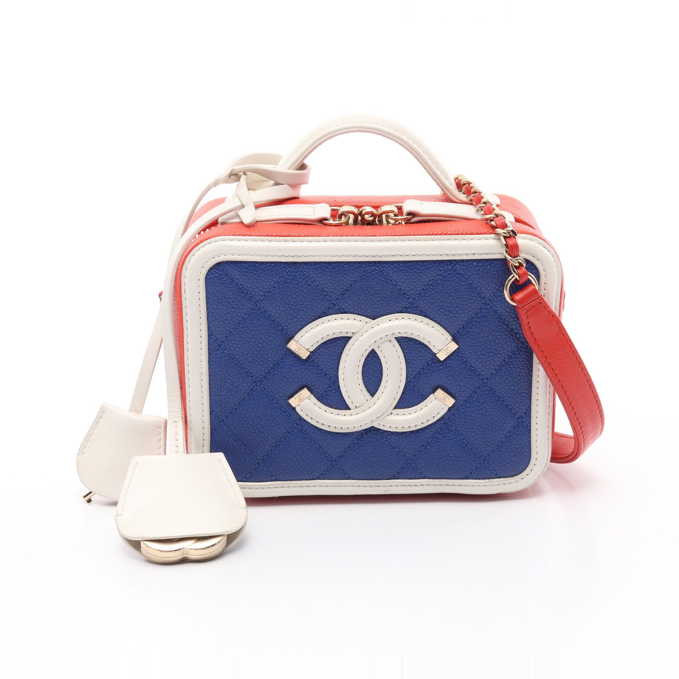 Chanel Cc Filigree Small Vanity Bag Chain Shoulder Caviar Skin Blue Red White Gold Hardware, Women's