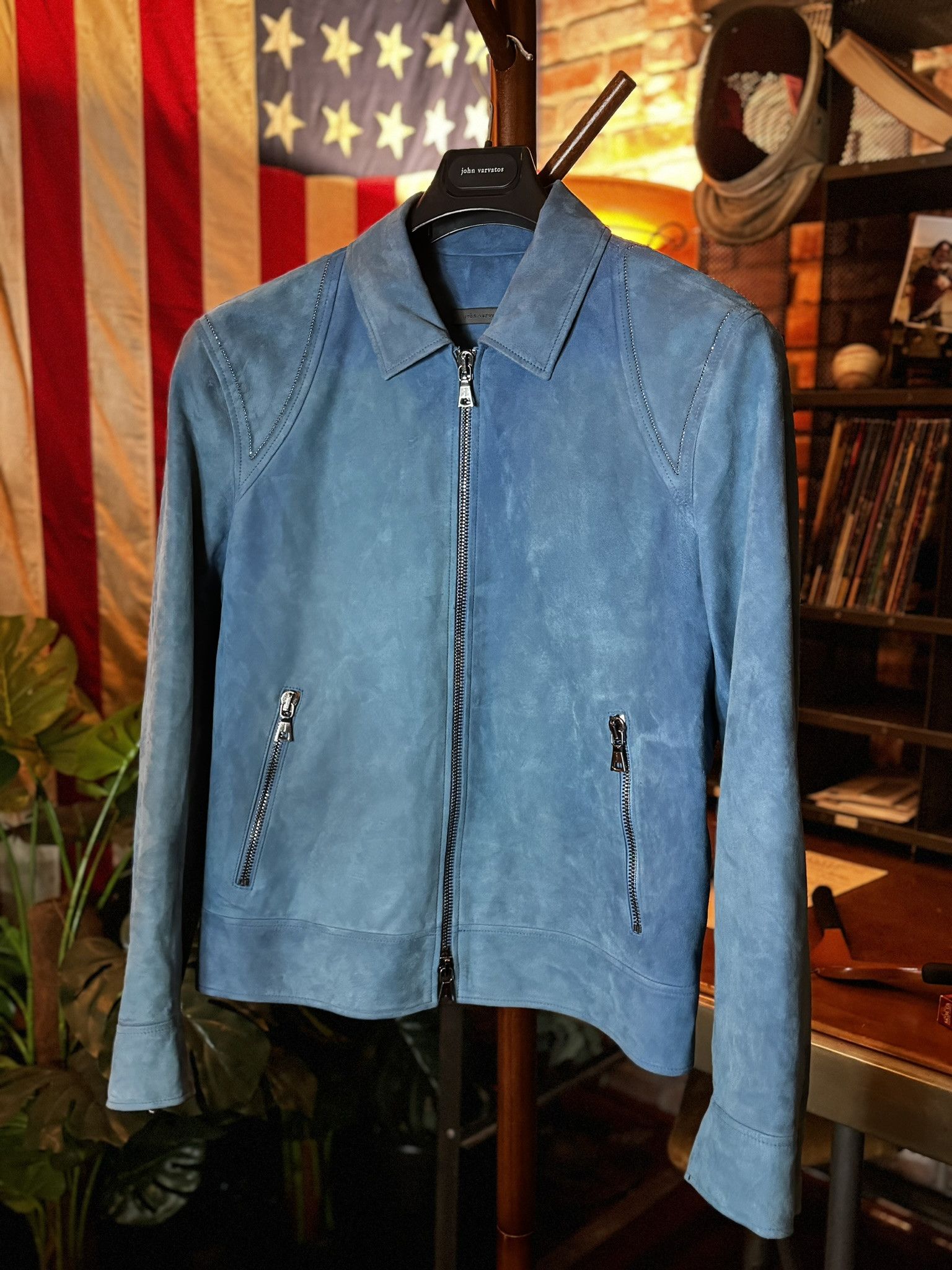 John Varvatos $2498 JOHN VARVATOS Blue Steel ROCKAWAY Suede Jacket sz 48 Size US M / EU 48-50 / 2 - 2 Thumbnail