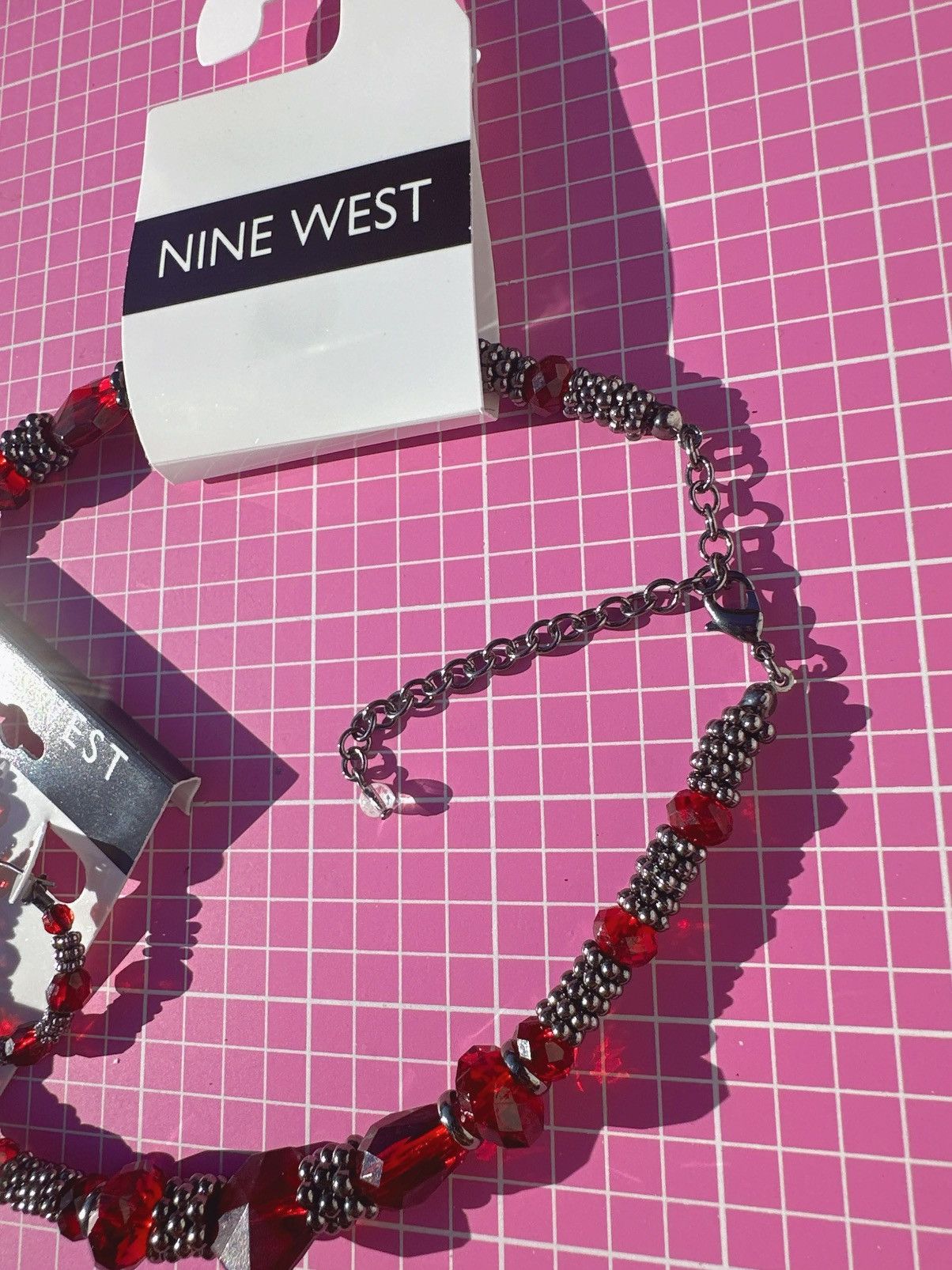 Nine West Nine West Red Crystal beaded Jewelry Set 17” necklace + ear Size ONE SIZE - 3 Thumbnail