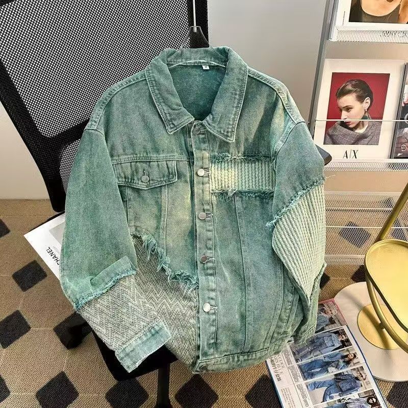 Vintage Mint Green Washed Denim Jacket with Patchwork & Frayed Edges Size US M / EU 48-50 / 2 - 1 Thumbnail