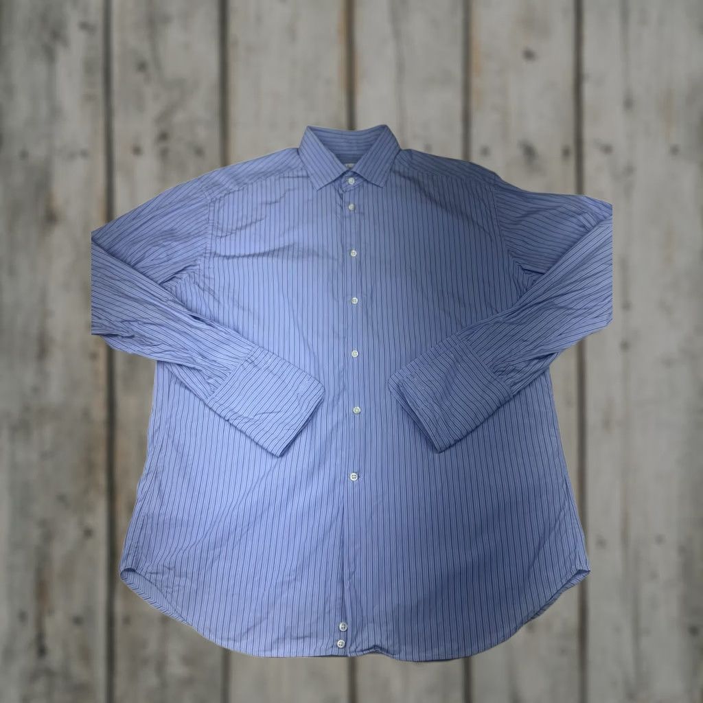 Armani VINTAGE Armani Collezioni Italy Mens Dress Shirt Blue Stripe 15.5/39 French Cuff Regular Fit 100% Cotton EUC Mens Size 42R - 1 Thumbnail