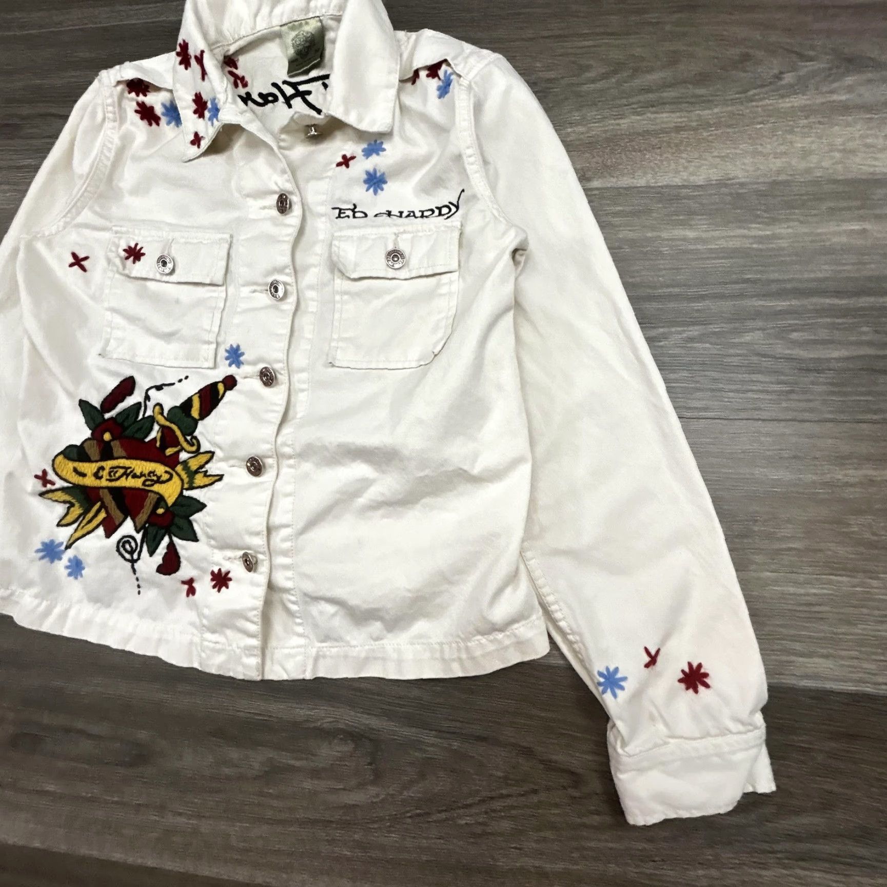 Ed Hardy VINTAGE Ed Hardy Jacket Womens M White Embroidered Tattoo Rose Graphic Denim Y2K Spring Short Sleeve? Size M / US 6-8 / IT 42-44 - 4 Thumbnail