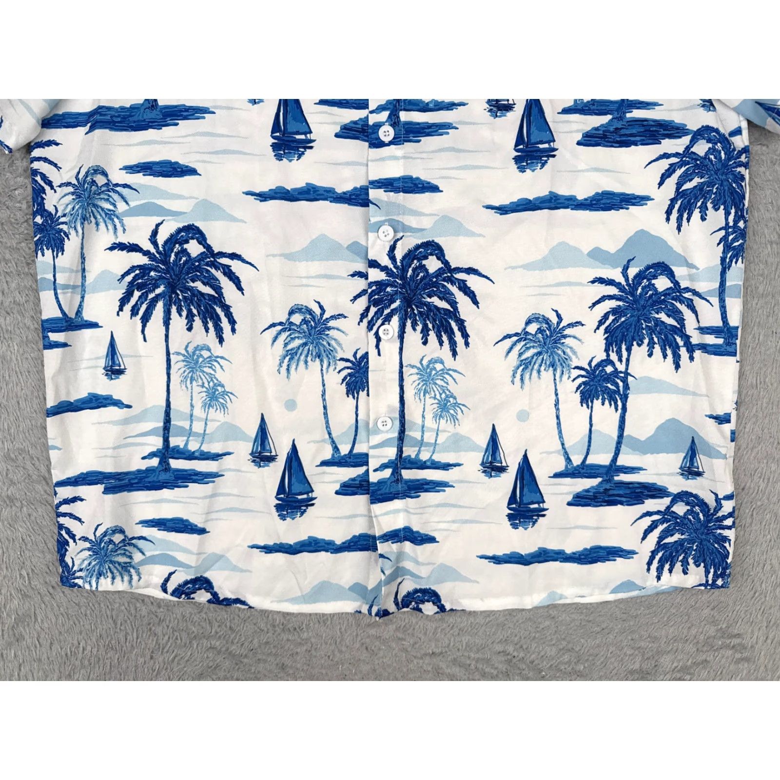 Vintage Hawaiian Shirt Men Large White Blue Floral Sailboat Palm Tree Polyester Blend Mens Size US L / EU 52-54 / 3 - 5 Thumbnail