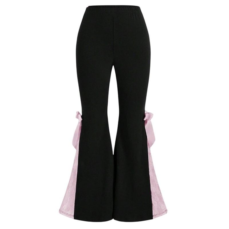 Shein Women's Lace Bow Accent Wide Leg Leggings in Black, Size 3XL Size 40" / US 18 - 2 Thumbnail