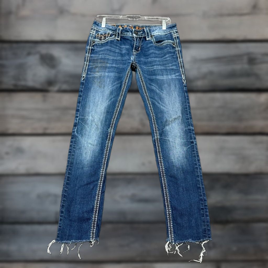Vintage Rock Revival Jeans Womens 28 Blue Skinny Dark Wash Distressed Button Denim Cotton 29 Inseam Regular Inseam Womens Distressed Skinny Jeans Size 30" / US 8 / IT 44 - 1 Thumbnail