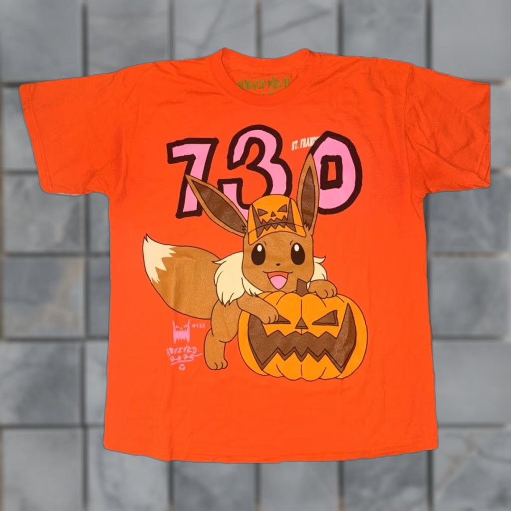 Vintage Asspizza x Pokémon Halloween Eevee T-Shirt Orange Large 22x28 Graphic Print Crew Neck Cotton Mens Size US L / EU 52-54 / 3 - 1 Thumbnail