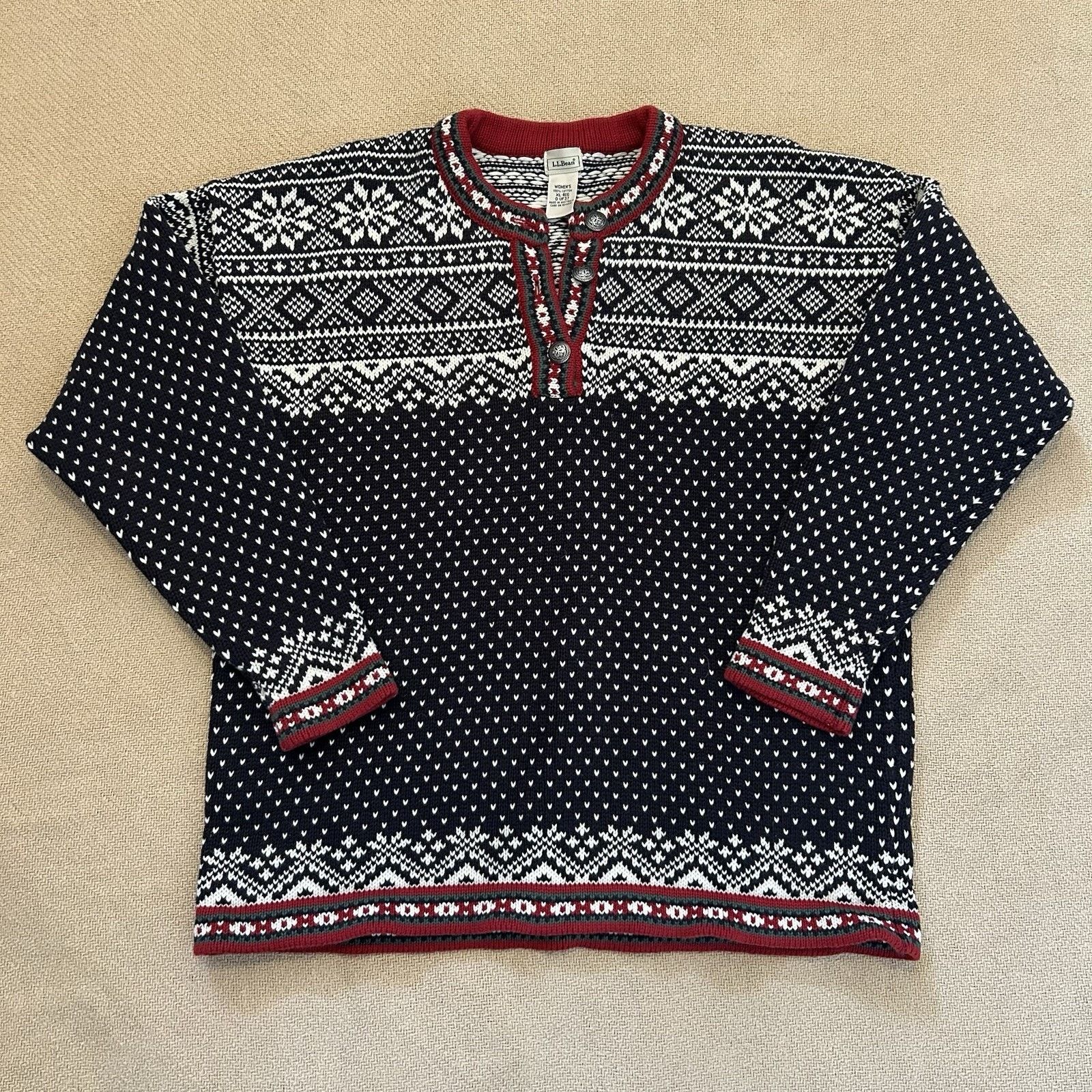 L.L. Bean Fair Isle Snowflake Heavy Knit Henley Button Sweater XL Size XL / US 12-14 / IT 48-50 - 1 Thumbnail