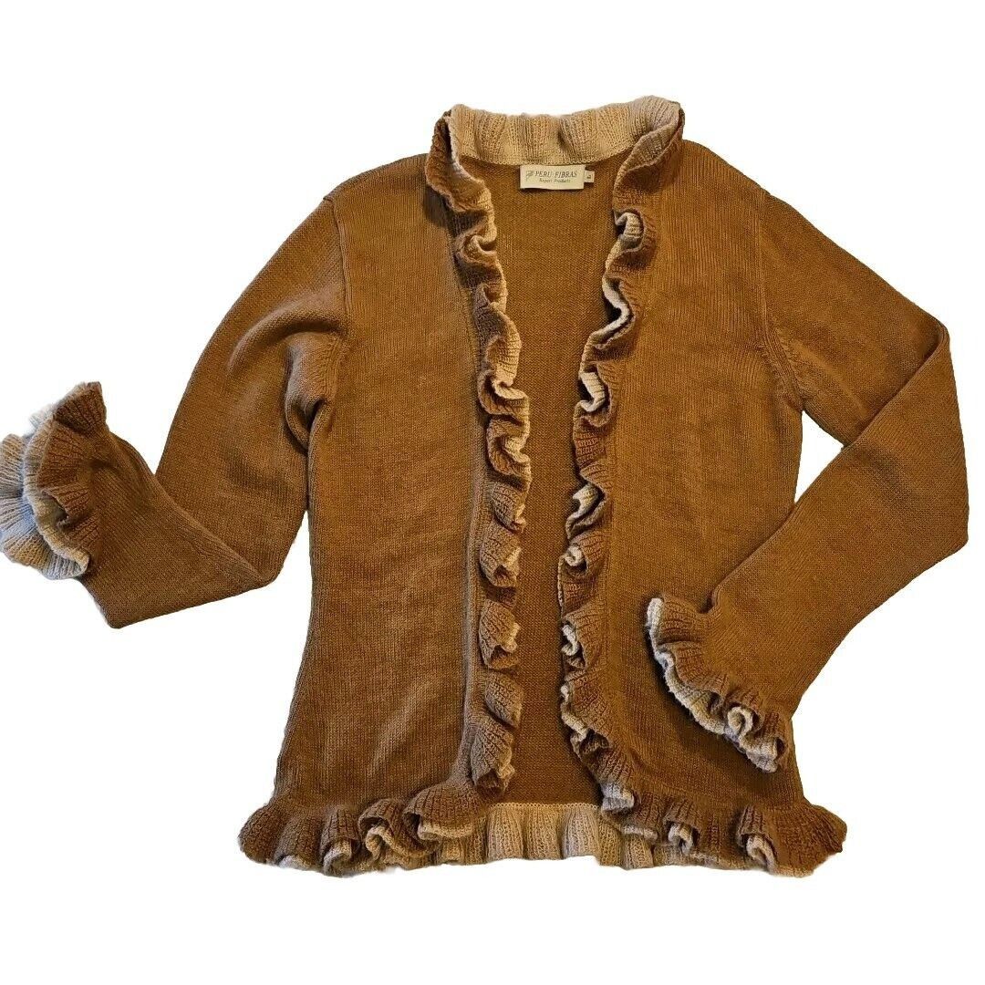 Handmade Baby Alpaca Sweater Womens L Beige Brown Ruffled Long Sleeve Size L / US 10 / IT 46 - 6 Thumbnail
