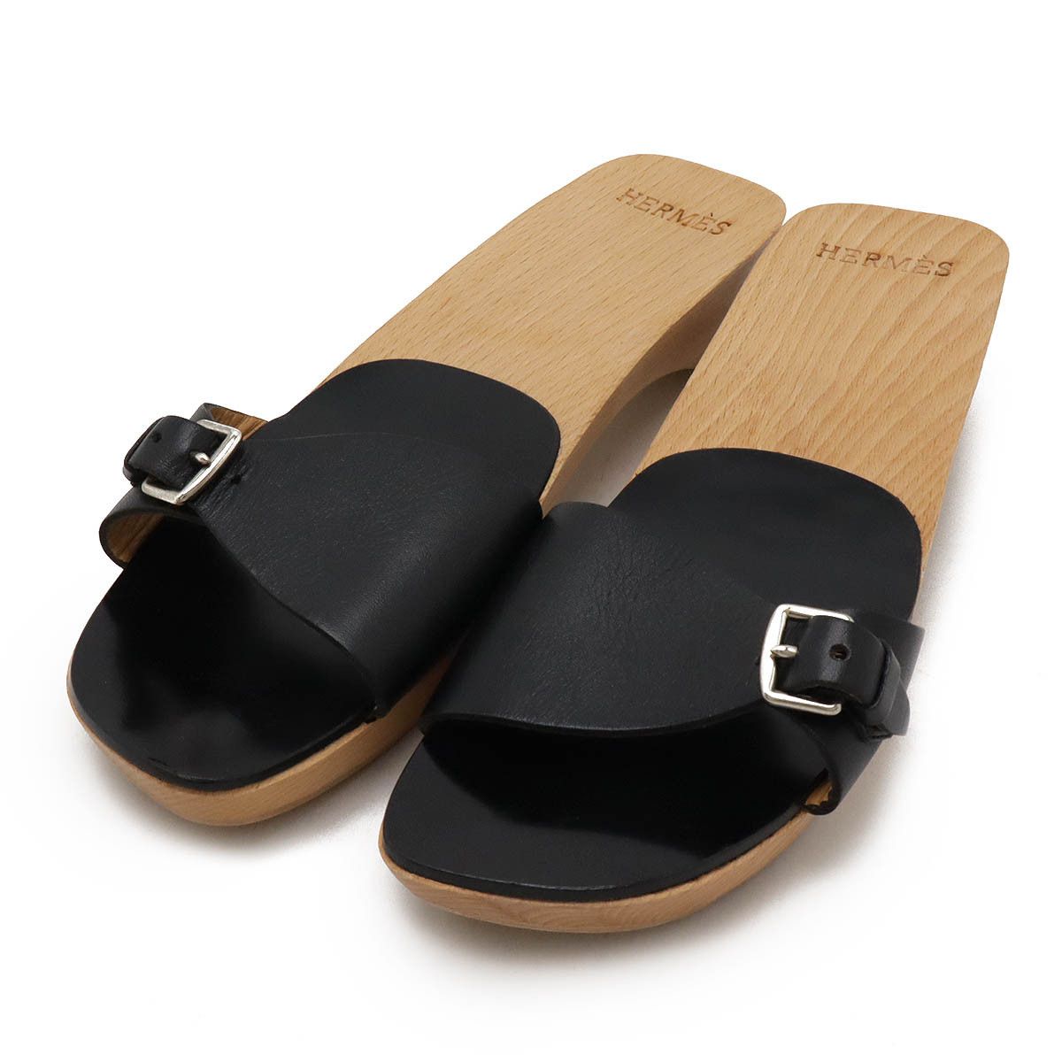Hermes Hermes Wood Leather Mule Sandals Leather Shoes in Black, Women's