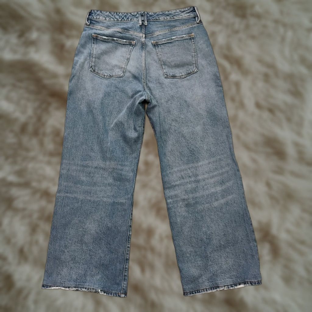 Good American Jeans Distressed Wide Leg Baggy Stretch Medium Wash 10 34x29 Blue Womens Jeans