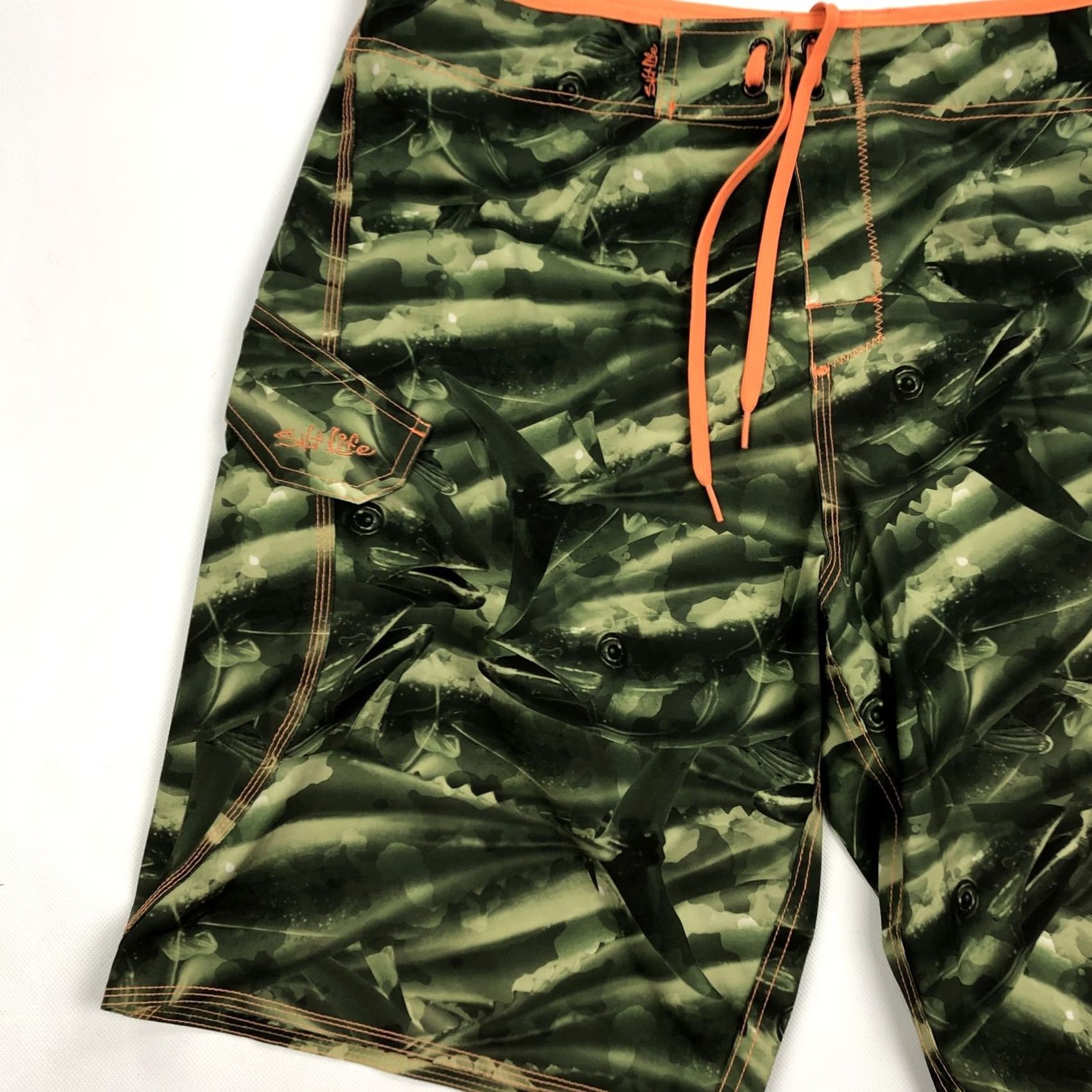 Vintage Salt Life SLX-QD Board Shorts Men 36 Green Fish Pattern Quick Dry Pockets Stretch Swim Trunks Beach Surfing Size US 36 / EU 52 - 2 Thumbnail