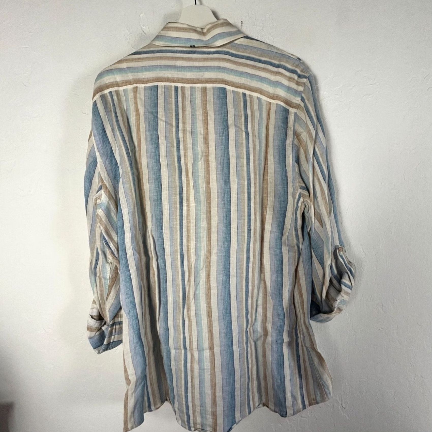 Vintage Black Brown 1826 Mens Striped Linen Button-Up Shirt MediumBlue/Tan Regular Fit Long Sleeve Casual Shirt Size US M / EU 48-50 / 2 - 2 Thumbnail