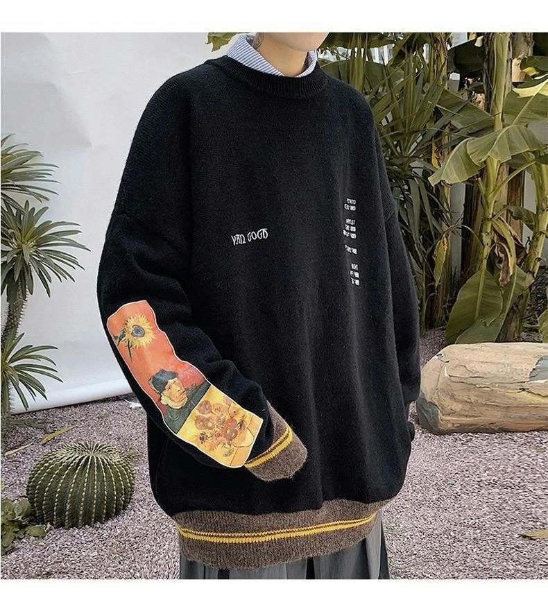 image of Coloured Cable Knit Sweater Van Gogh Painting Embroidery Knitted Sweater in Black (Size Large)
